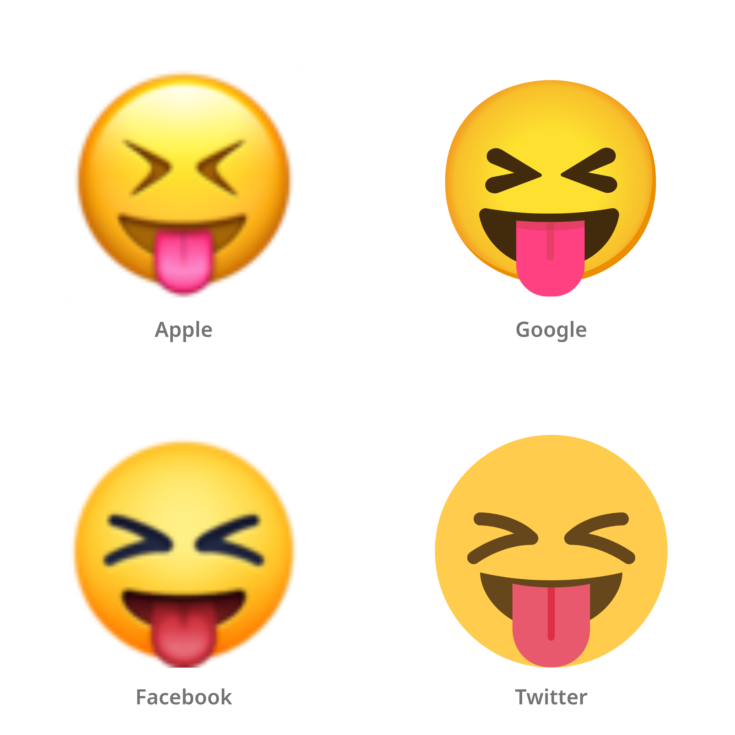 De emoji gezicht met uitgestoken tong en dichtgeknepen ogen in Apple-, Google-, Facebook- en Twitter-stijl