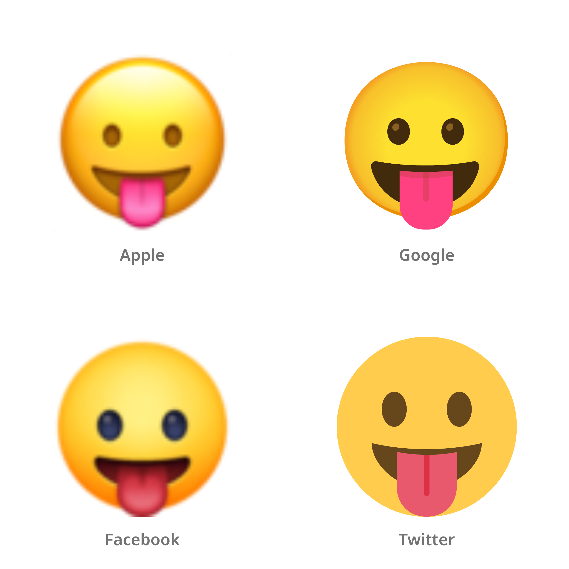 De emoji gezicht met uitgestoken tong in Apple-, Google-, Facebook- en Twitter-stijl