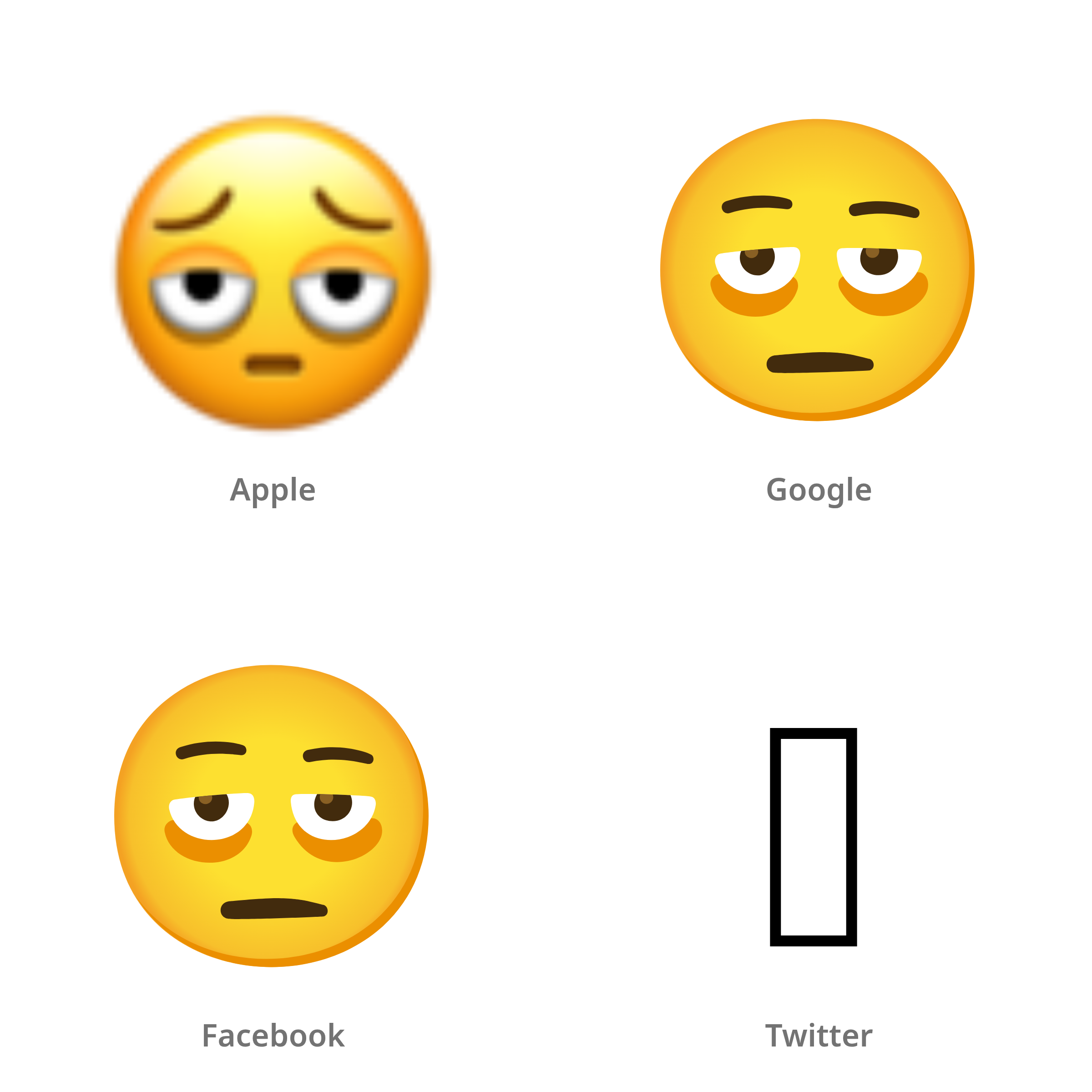 De emoji gezicht met wallen onder de ogen in Apple-, Google-, Facebook- en Twitter-stijl