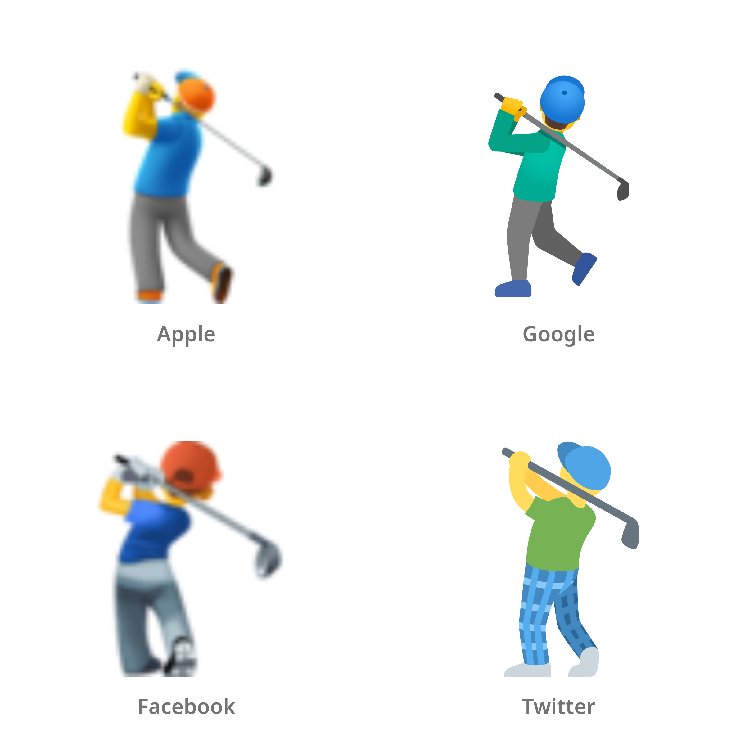 De emoji golfende man in Apple-, Google-, Facebook- en Twitter-stijl