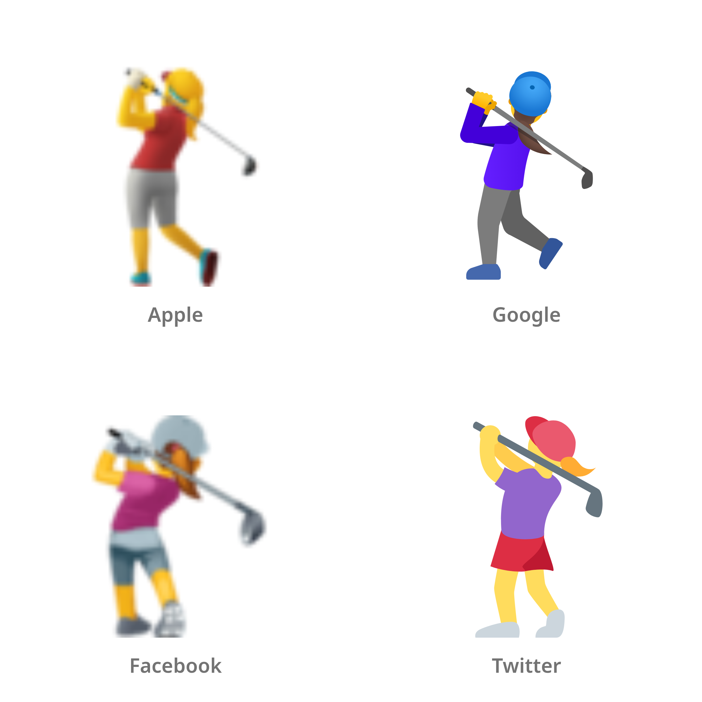 De emoji golfende vrouw in Apple-, Google-, Facebook- en Twitter-stijl
