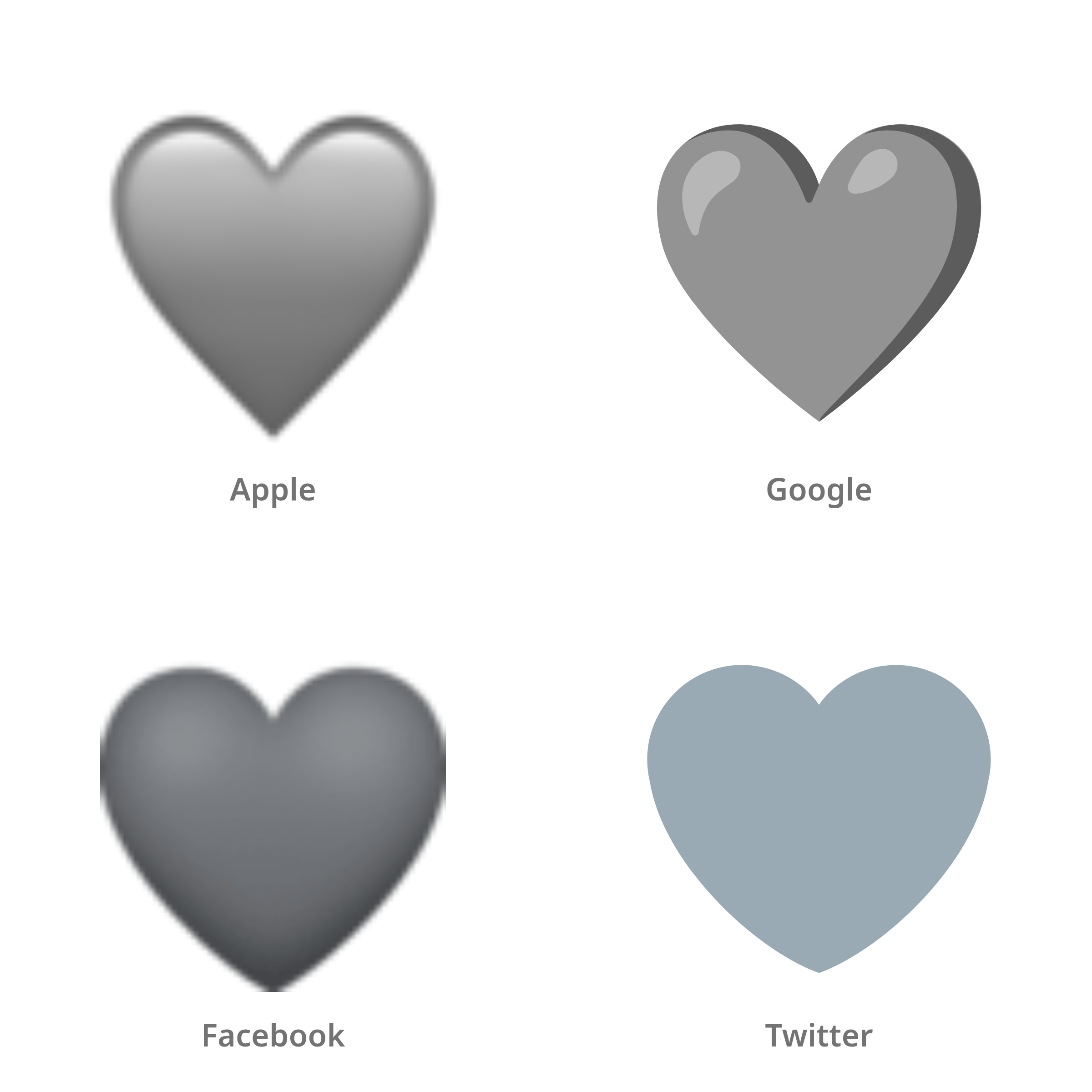 De emoji grijs hart in Apple-, Google-, Facebook- en Twitter-stijl