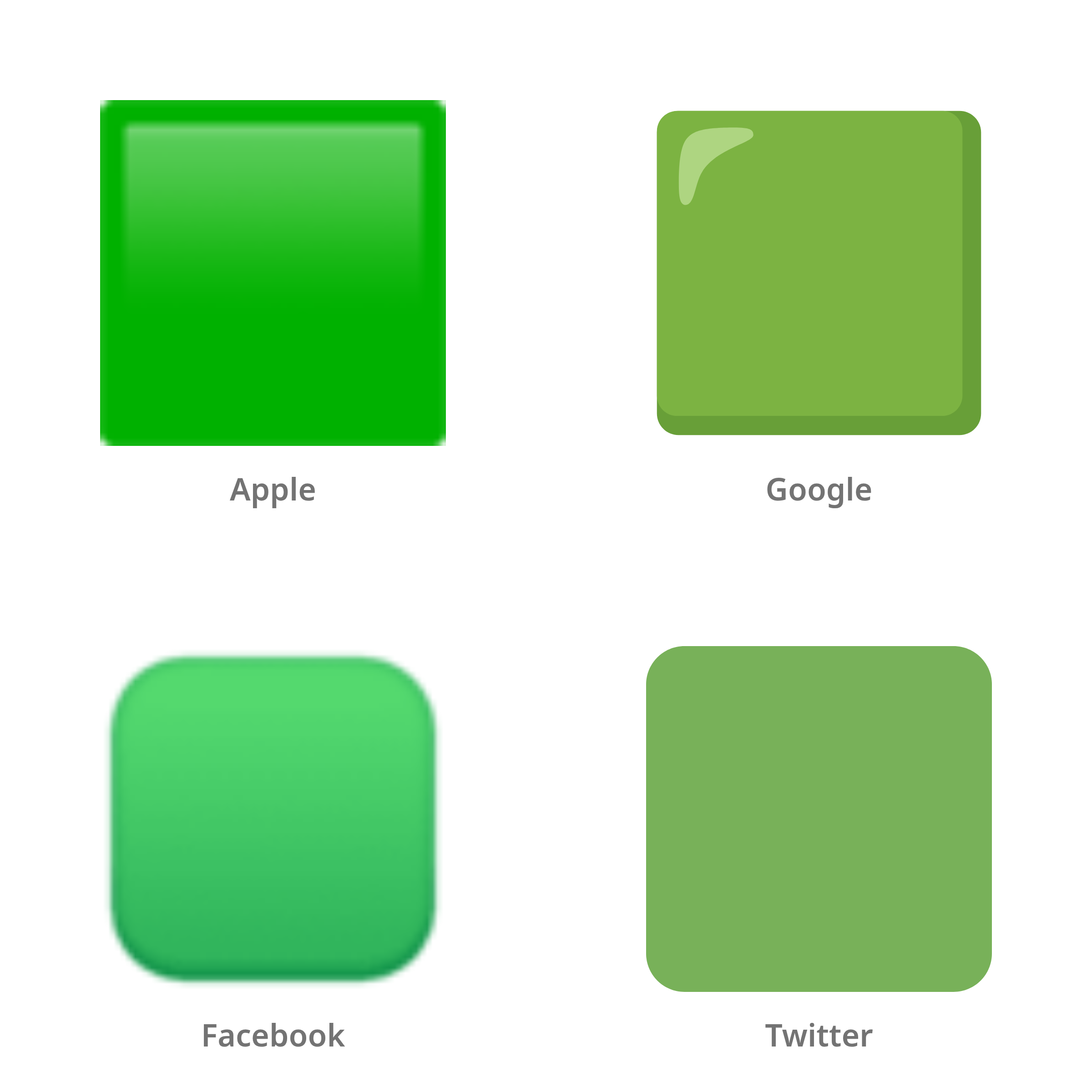 De emoji groen vierkant in Apple-, Google-, Facebook- en Twitter-stijl