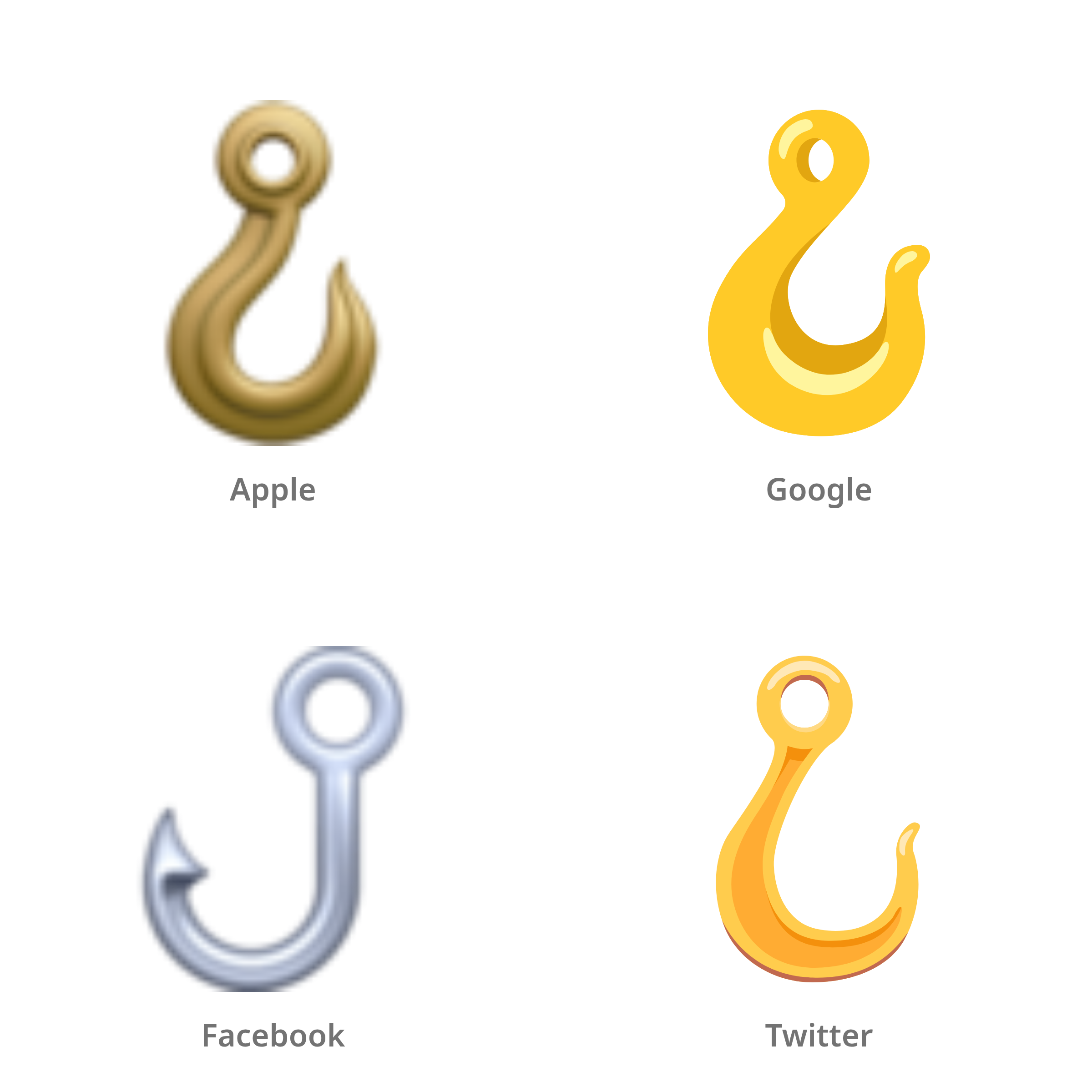 De emoji haak in Apple-, Google-, Facebook- en Twitter-stijl