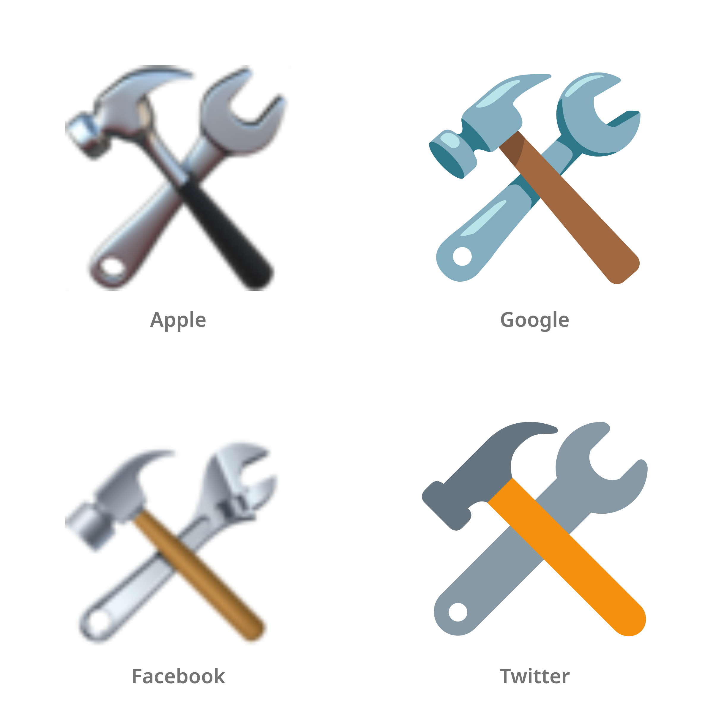 De emoji hamer en moersleutel in Apple-, Google-, Facebook- en Twitter-stijl