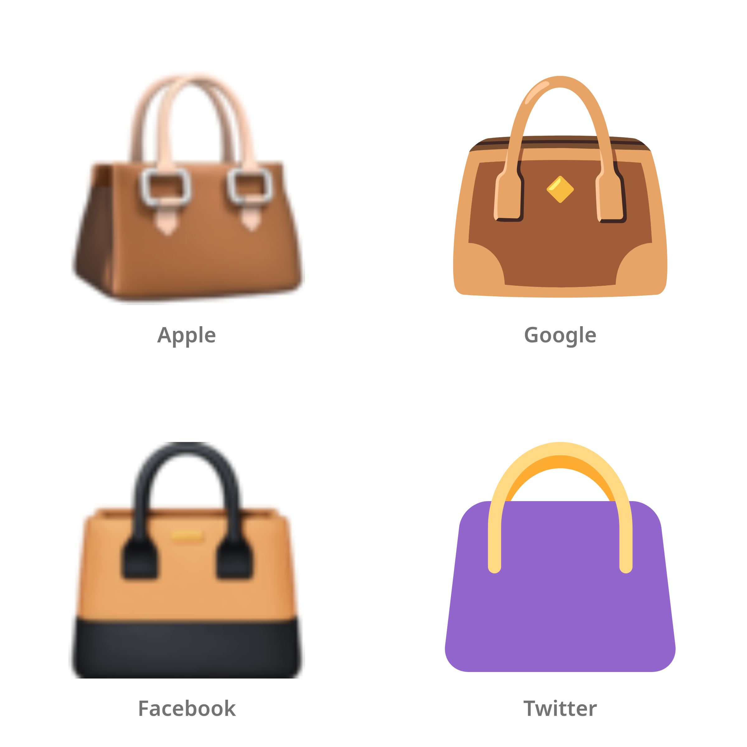 De emoji handtas in Apple-, Google-, Facebook- en Twitter-stijl