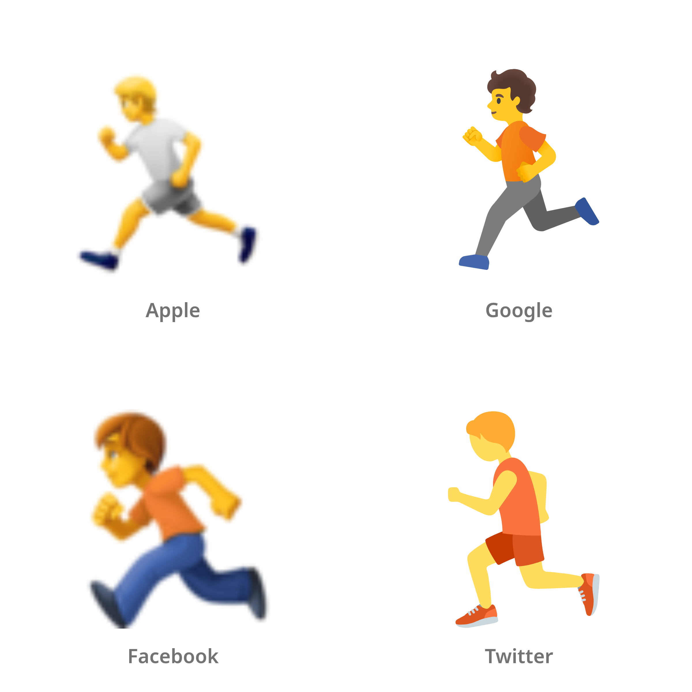 De emoji hardloper in Apple-, Google-, Facebook- en Twitter-stijl