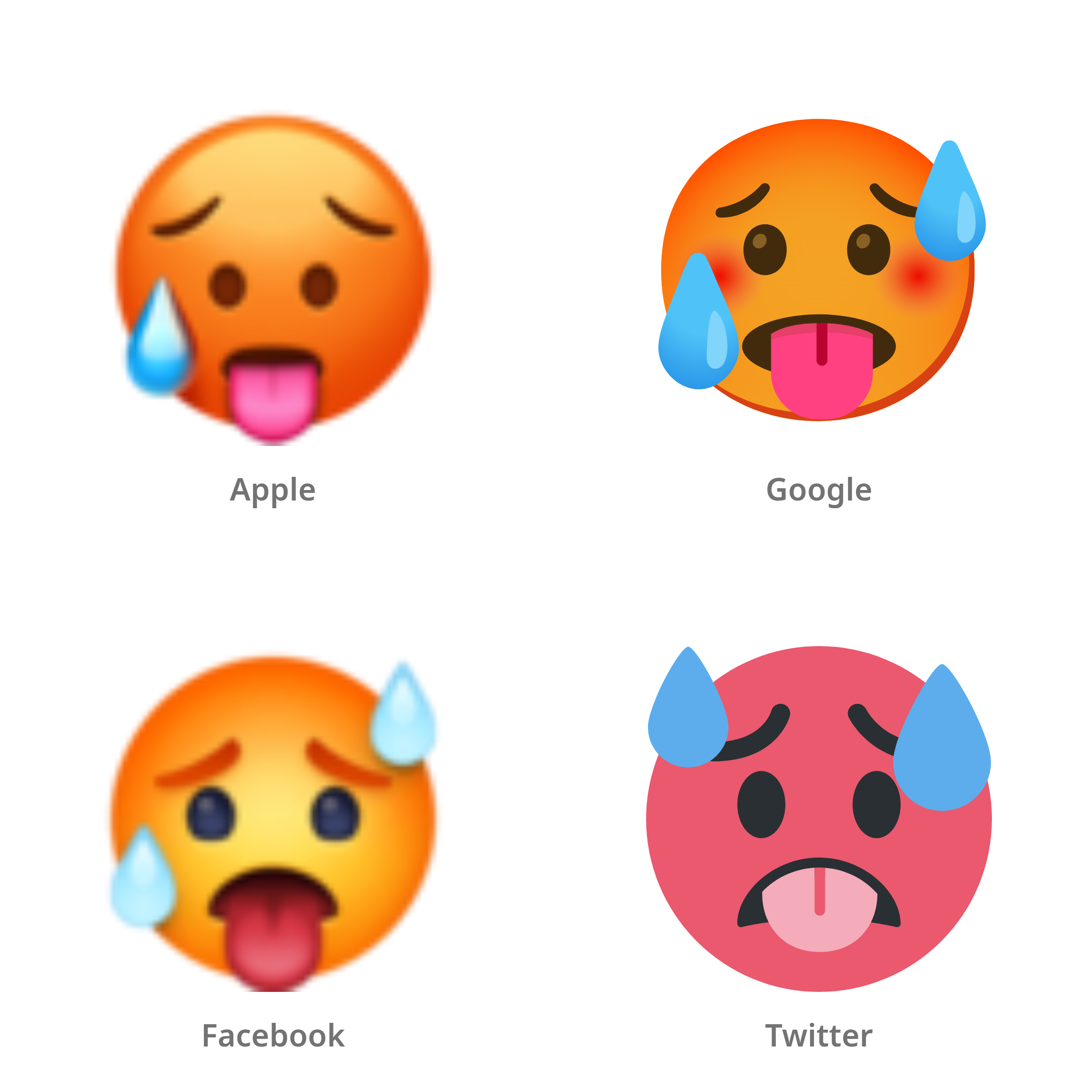 De emoji heet gezicht in Apple-, Google-, Facebook- en Twitter-stijl