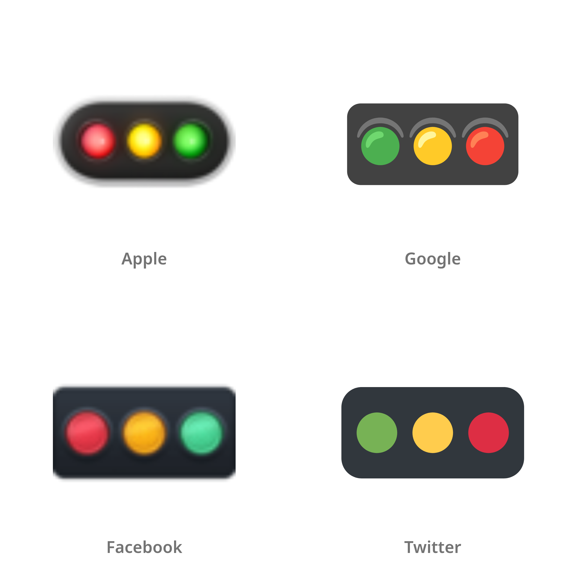 De emoji horizontaal verkeerslicht in Apple-, Google-, Facebook- en Twitter-stijl