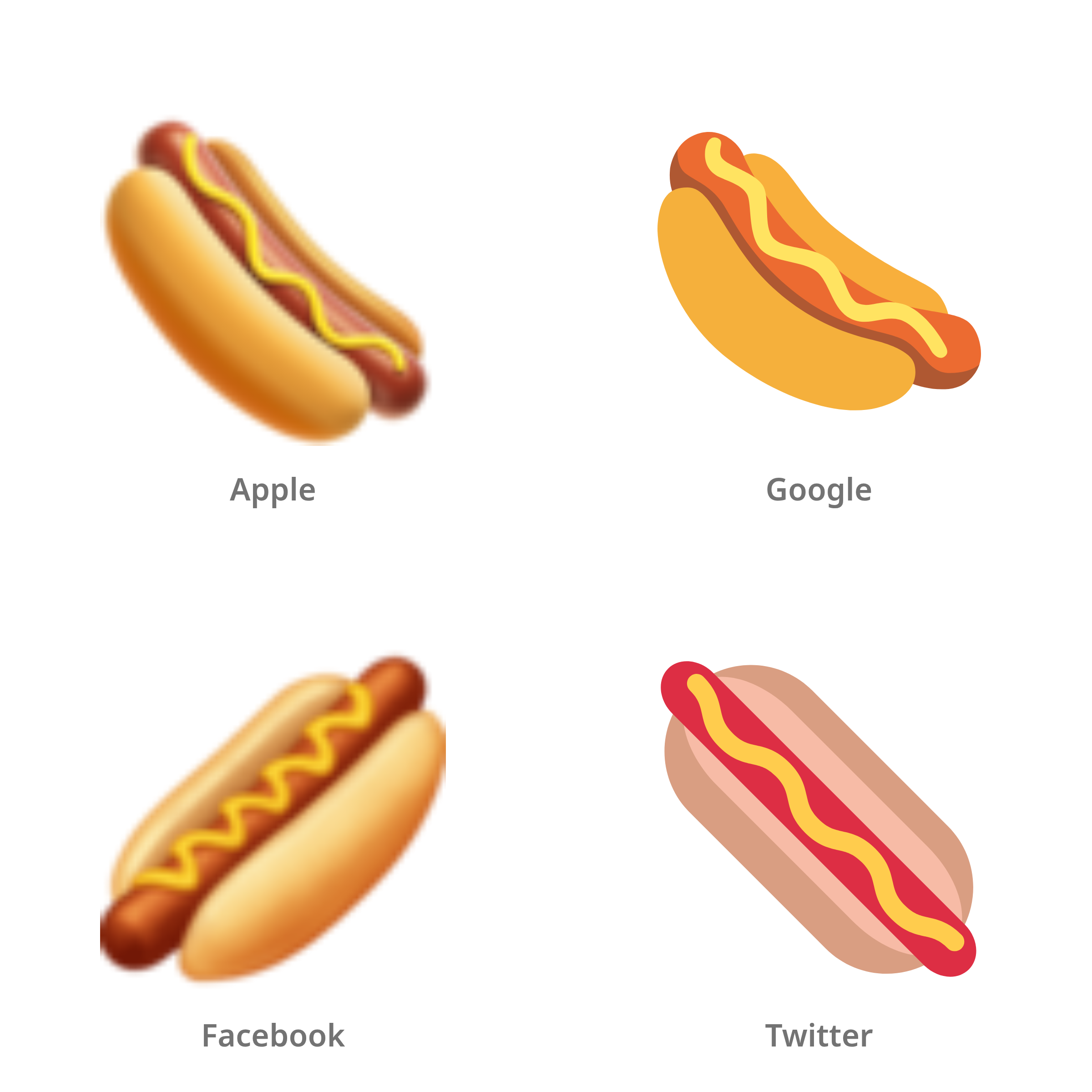 De emoji hotdog in Apple-, Google-, Facebook- en Twitter-stijl