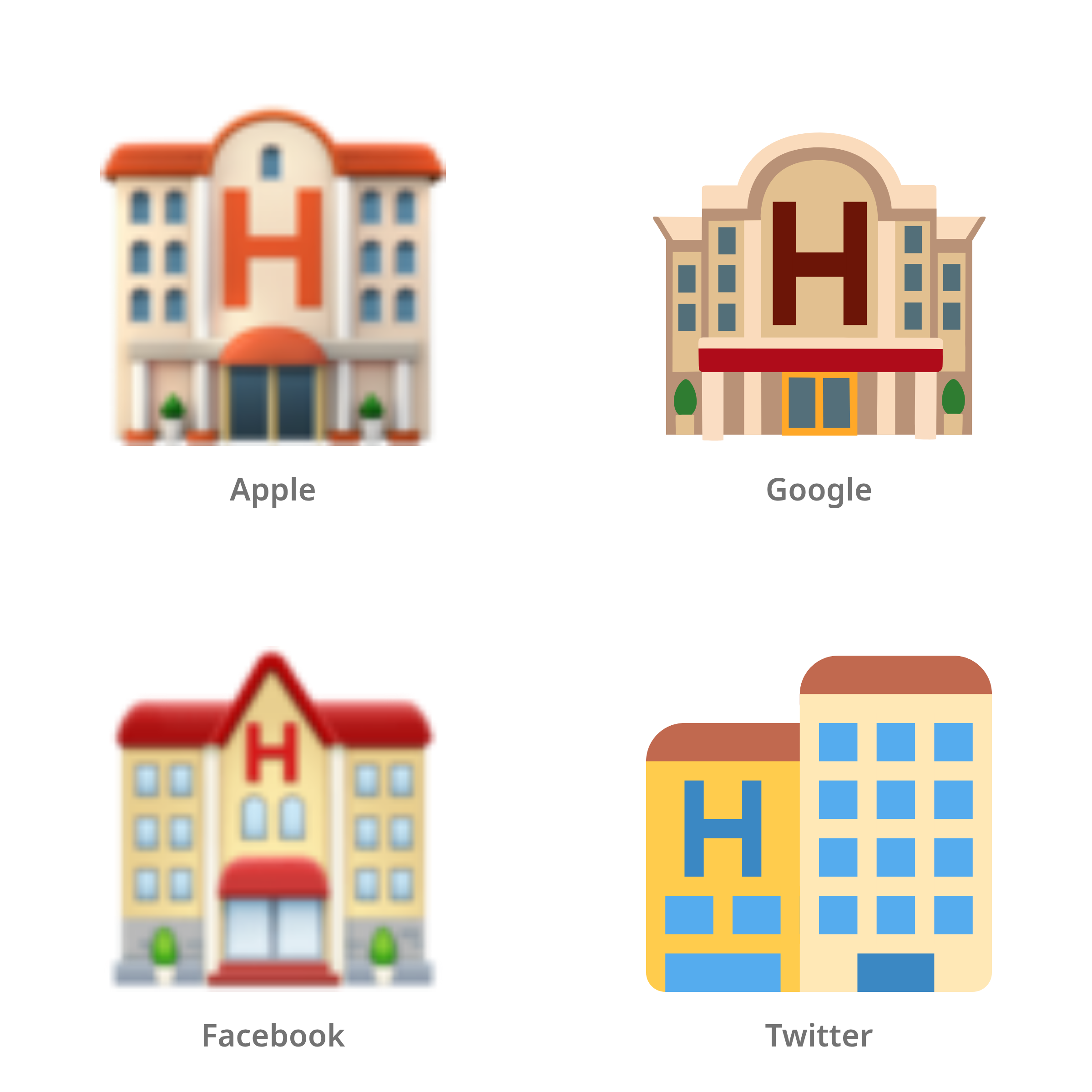 De emoji hotel in Apple-, Google-, Facebook- en Twitter-stijl