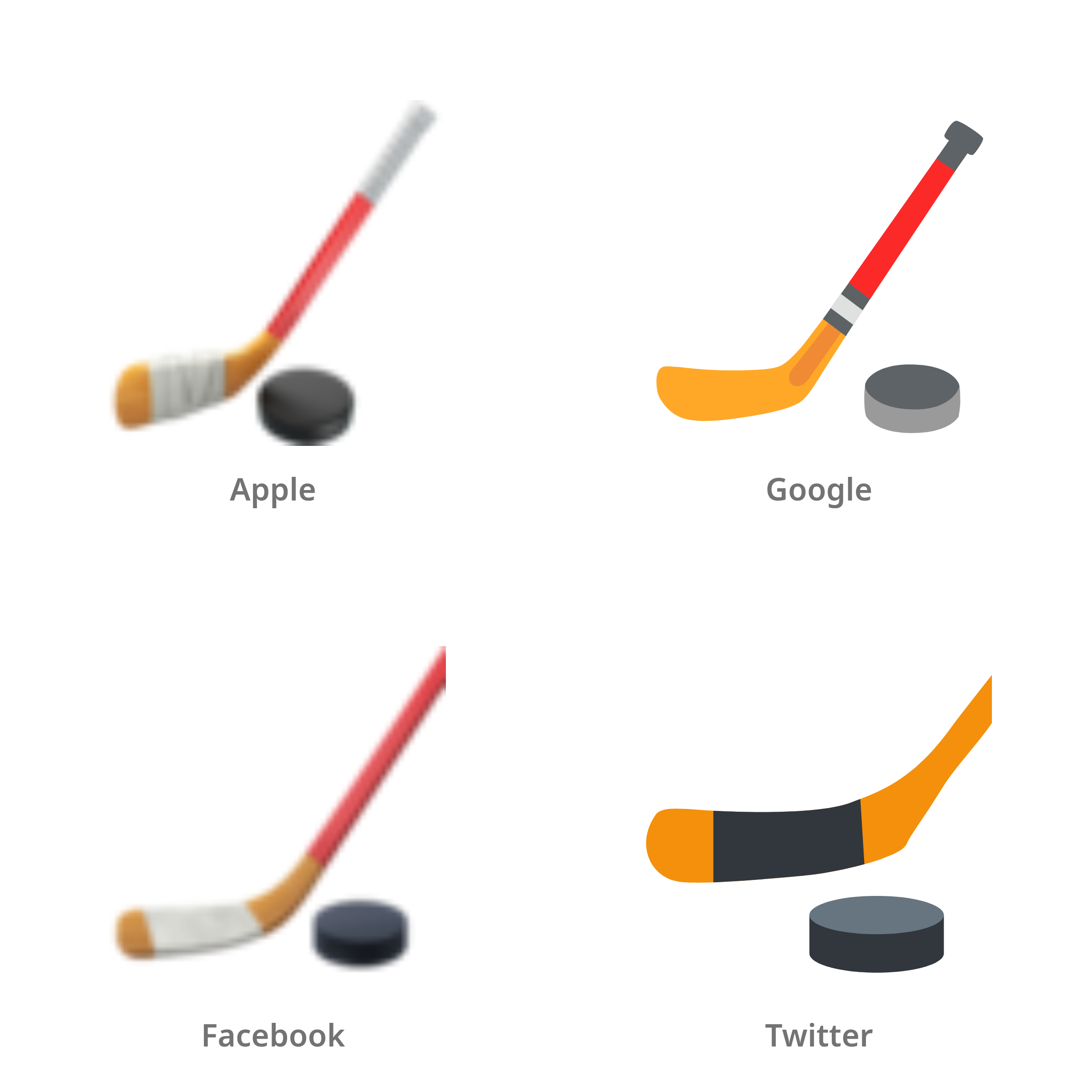 De emoji ijshockeystick en puck in Apple-, Google-, Facebook- en Twitter-stijl