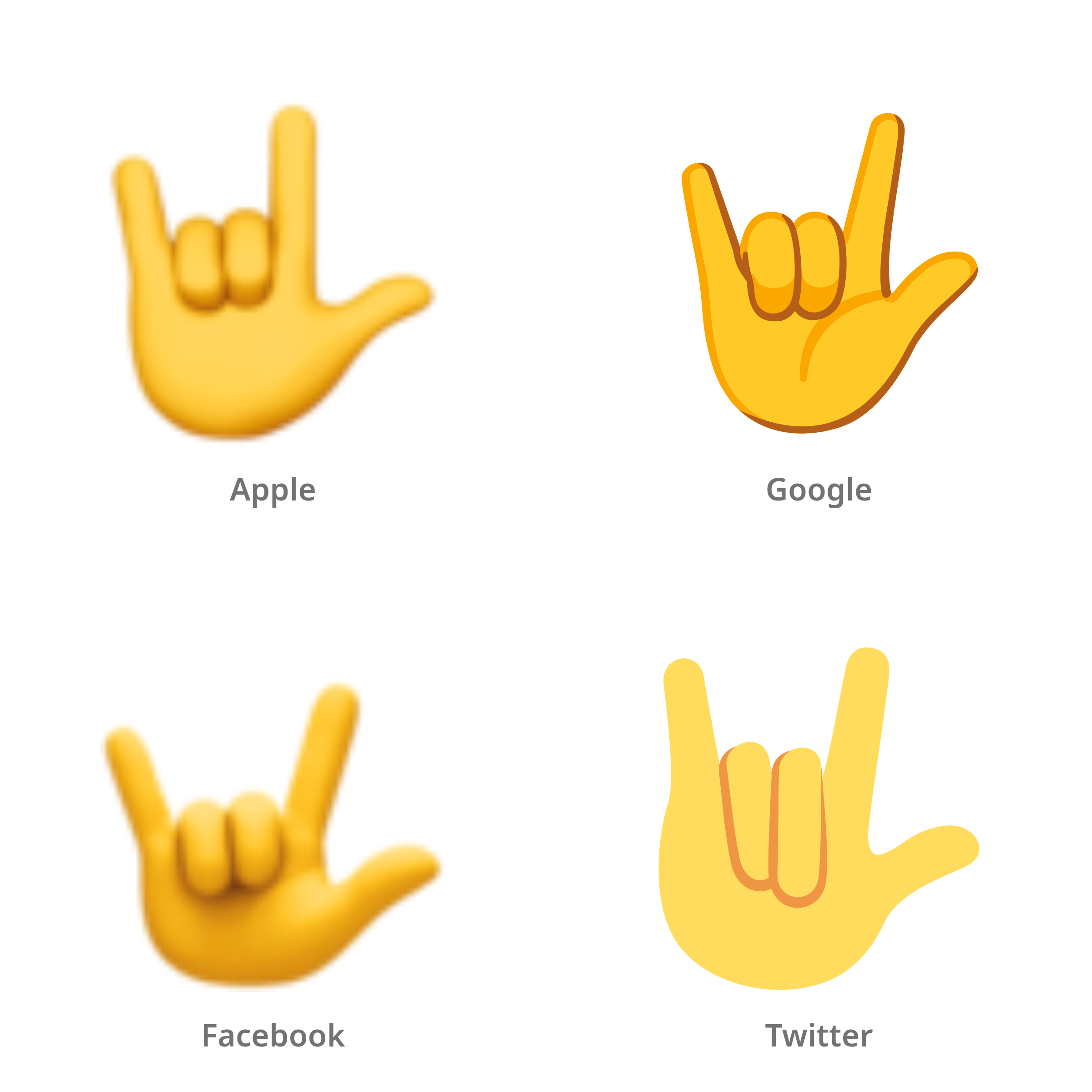 De emoji ik-hou-van-je-gebaar in Apple-, Google-, Facebook- en Twitter-stijl