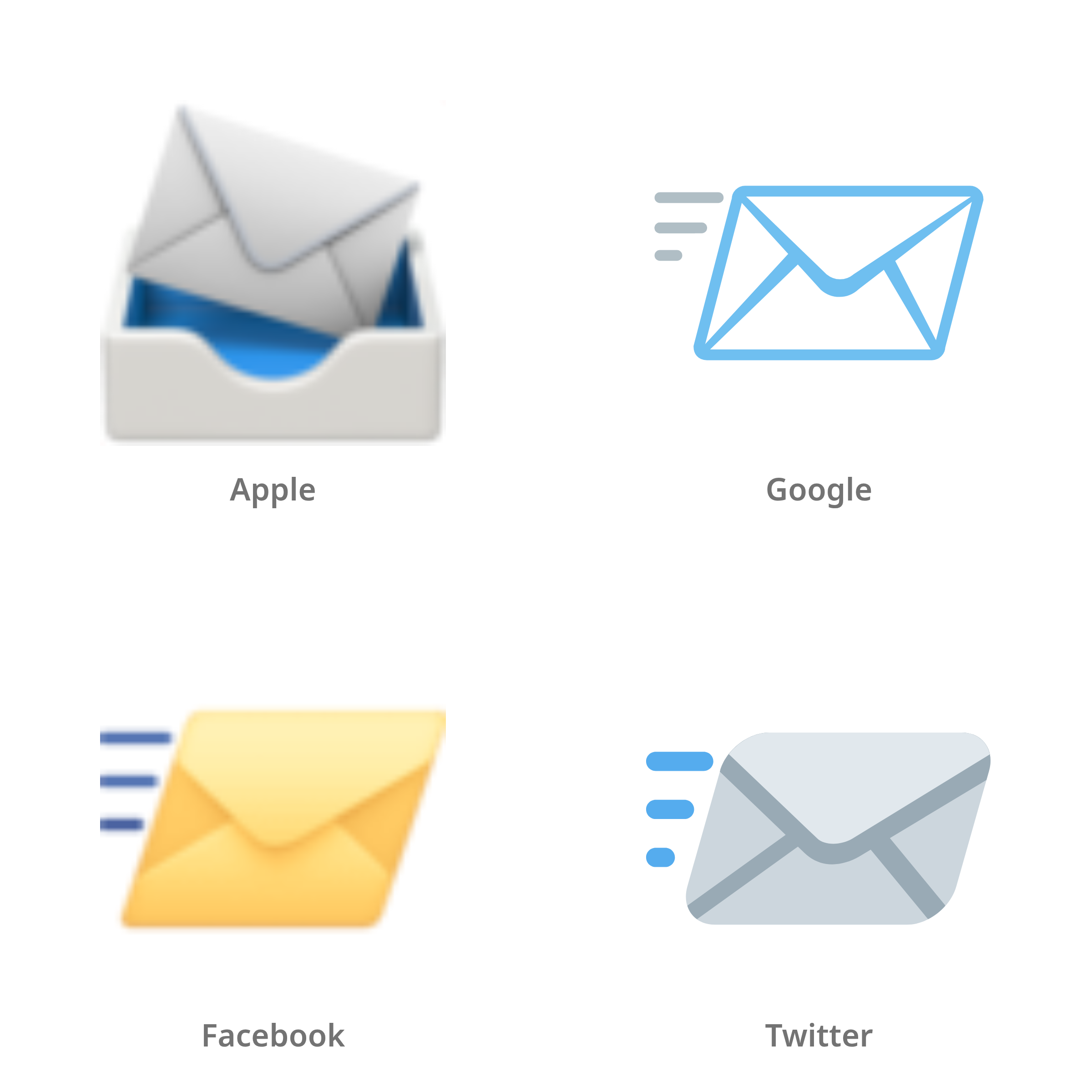 De emoji inkomende post in Apple-, Google-, Facebook- en Twitter-stijl