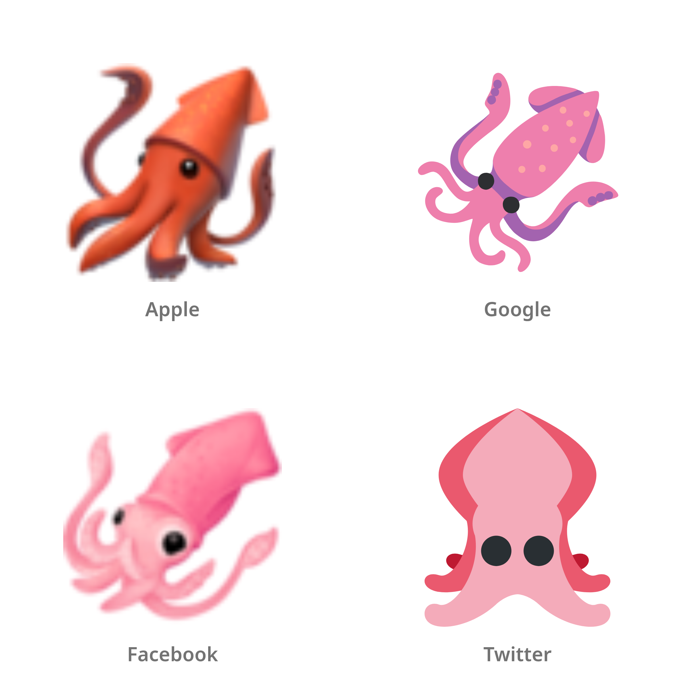 De emoji inktvis in Apple-, Google-, Facebook- en Twitter-stijl