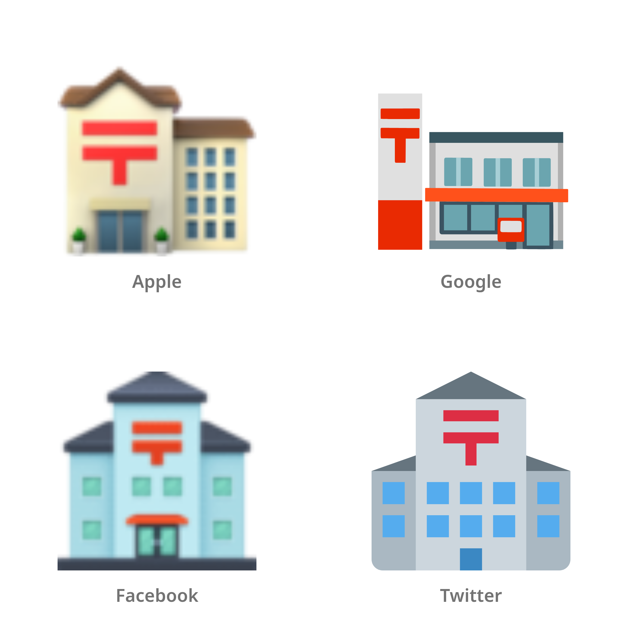 De emoji Japans postkantoor in Apple-, Google-, Facebook- en Twitter-stijl