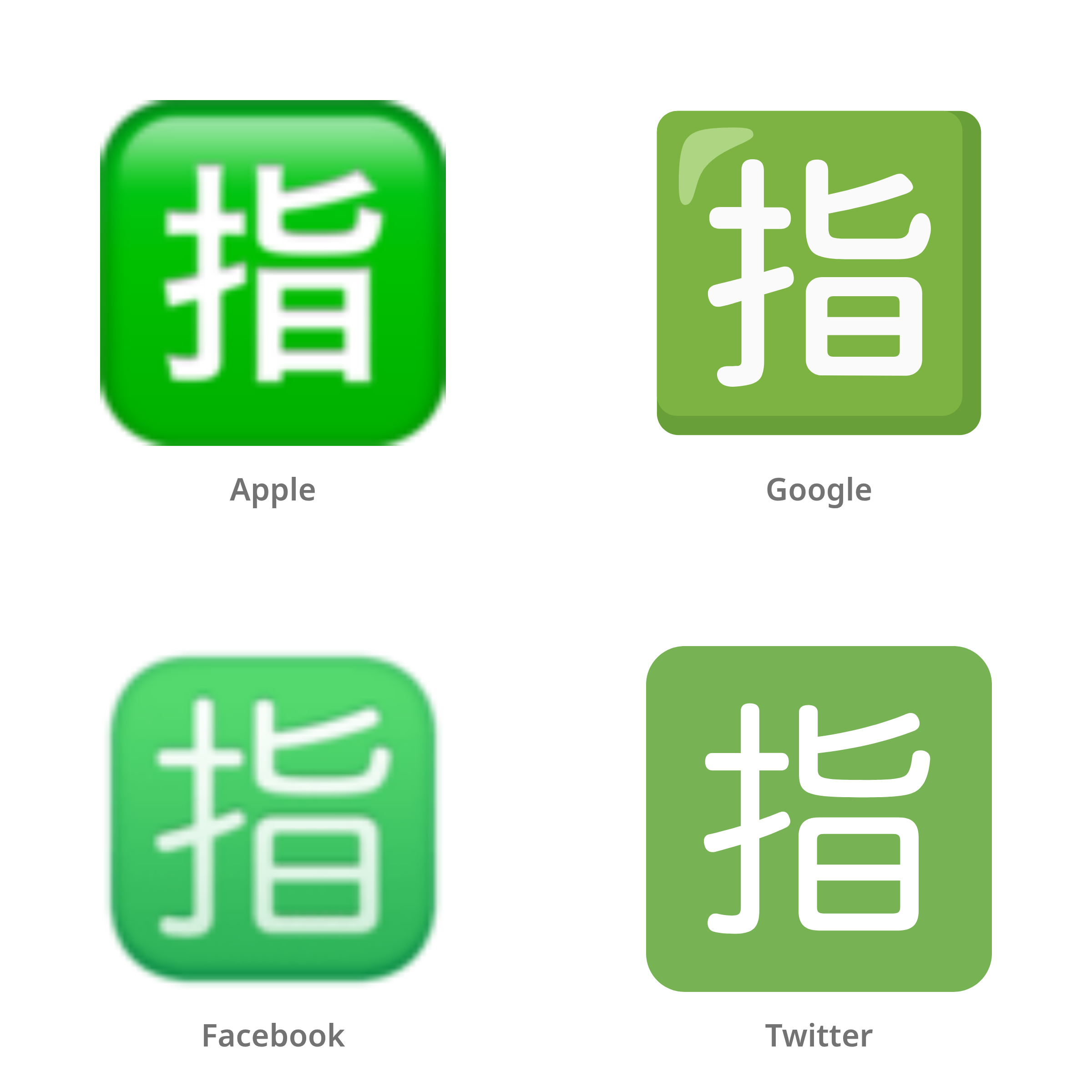 De emoji Japans teken voor ‘gereserveerd’ in Apple-, Google-, Facebook- en Twitter-stijl