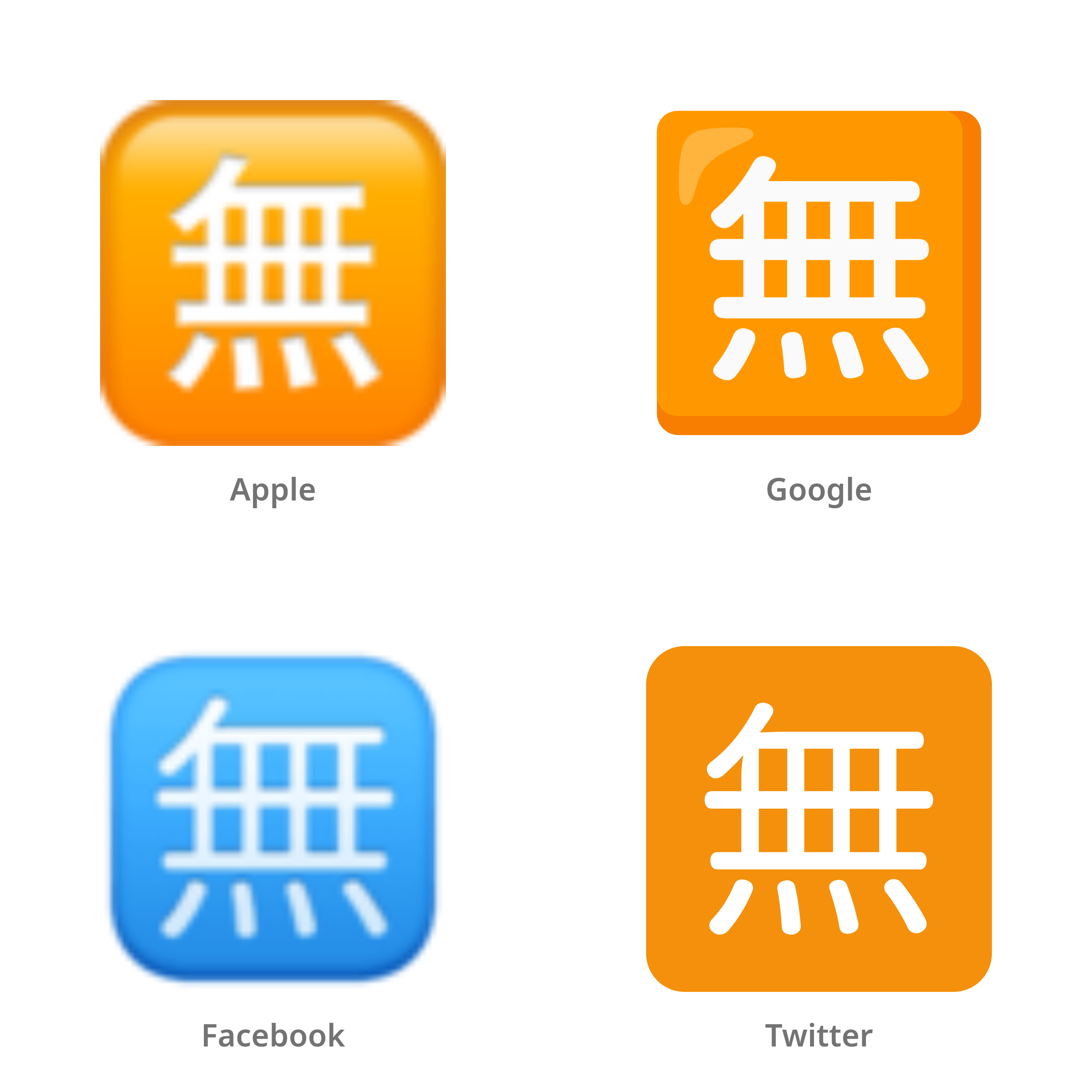 De emoji Japans teken voor ‘gratis’ in Apple-, Google-, Facebook- en Twitter-stijl