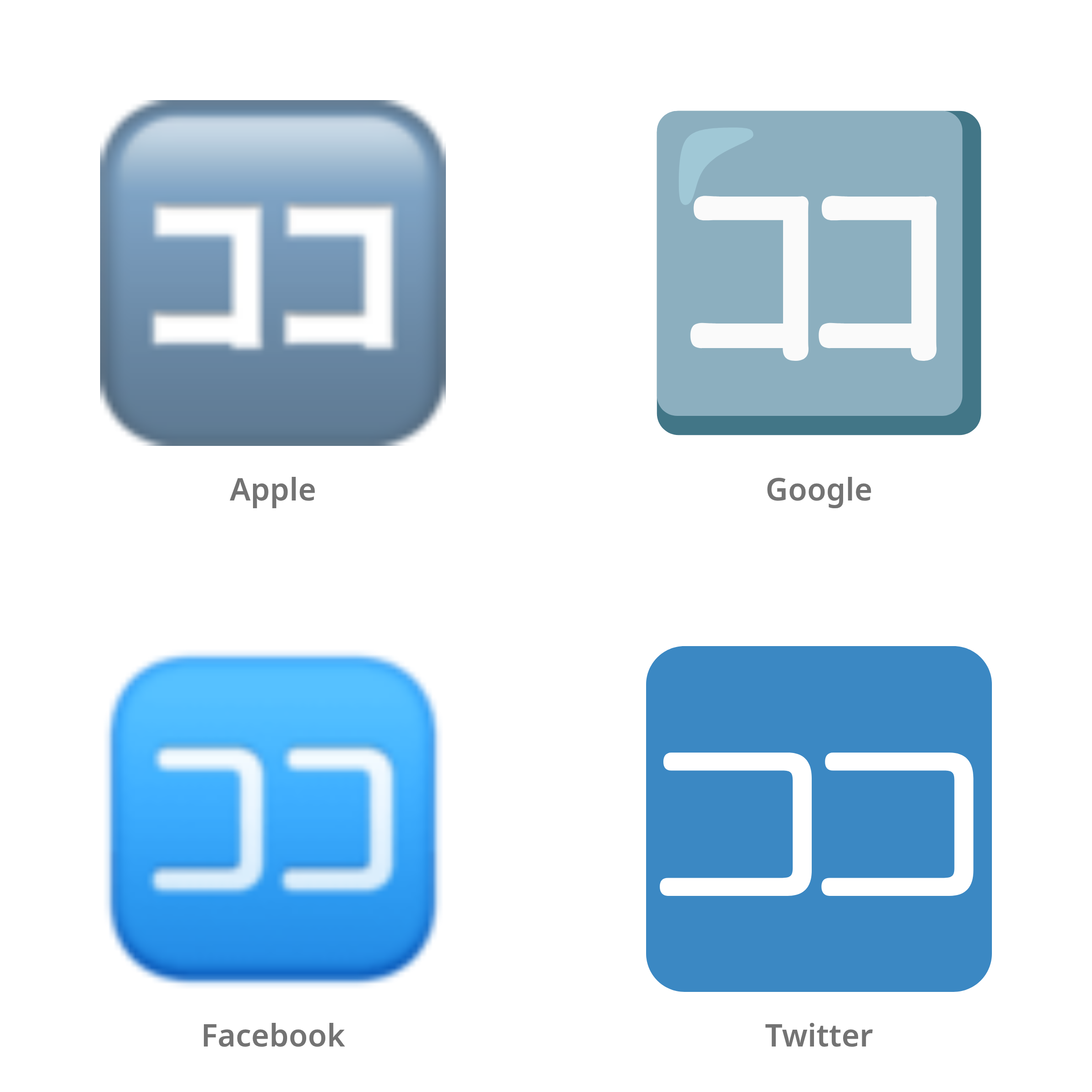 De emoji Japans teken voor ‘hier’ in Apple-, Google-, Facebook- en Twitter-stijl