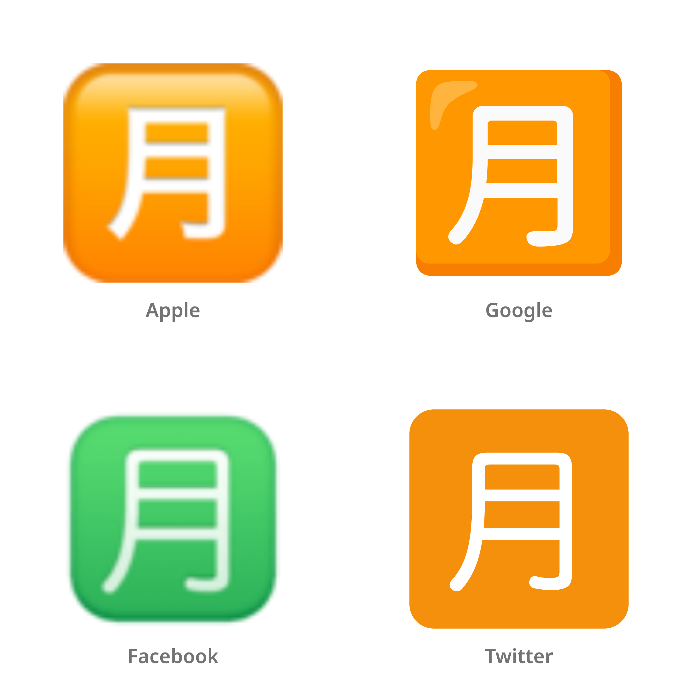 De emoji Japans teken voor ‘maandelijks bedrag’ in Apple-, Google-, Facebook- en Twitter-stijl