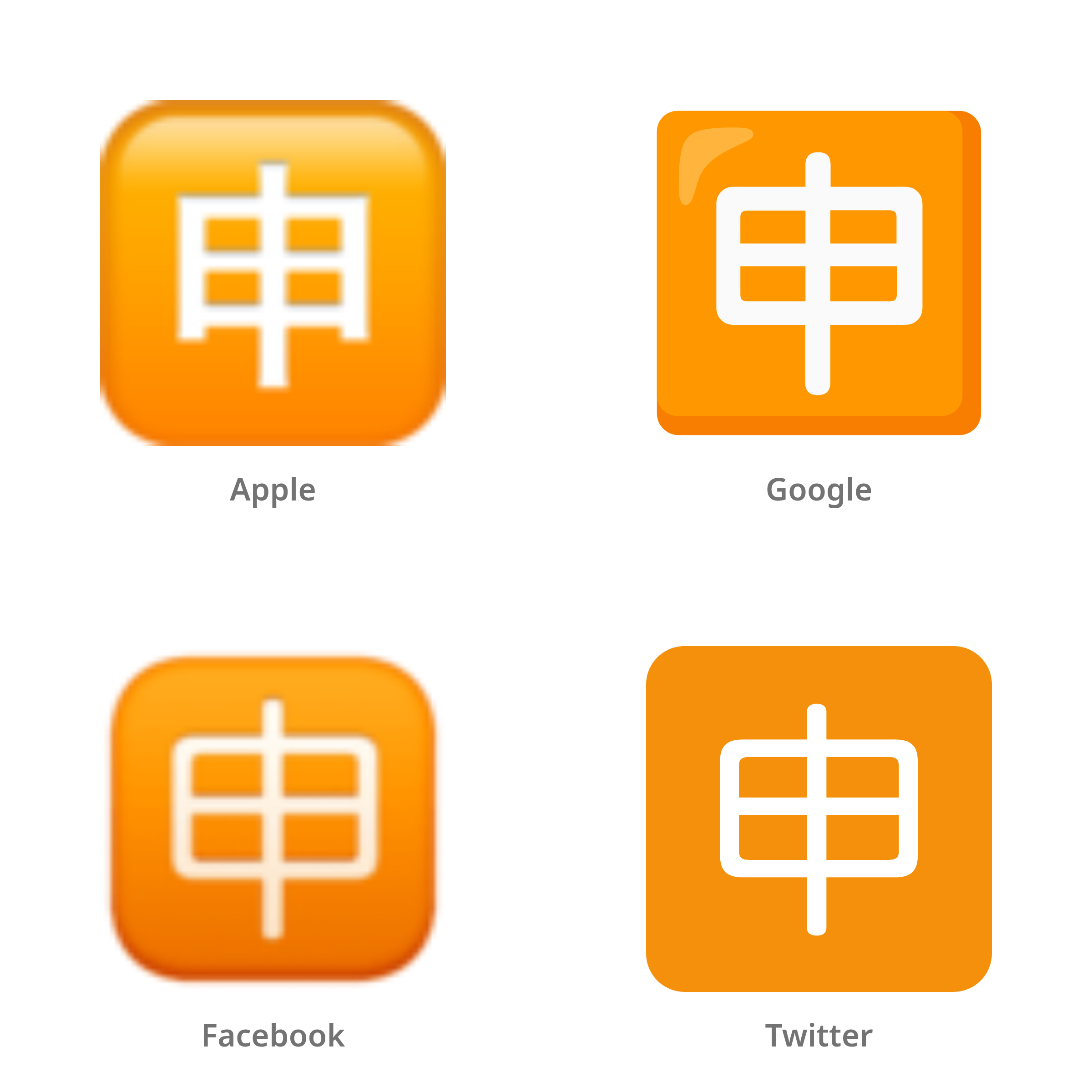 De emoji Japans teken voor ‘toepassing’ in Apple-, Google-, Facebook- en Twitter-stijl