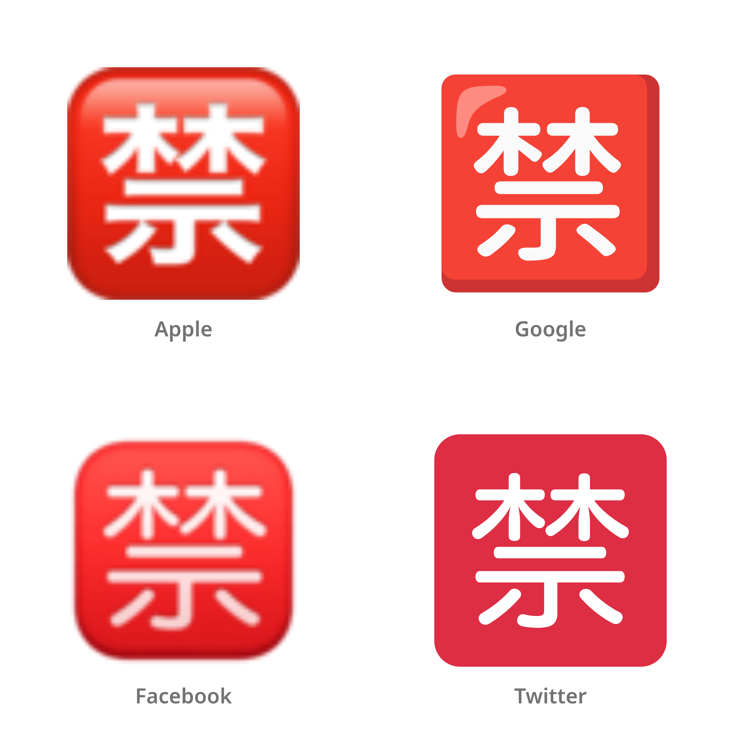 De emoji Japans teken voor ‘verboden’ in Apple-, Google-, Facebook- en Twitter-stijl