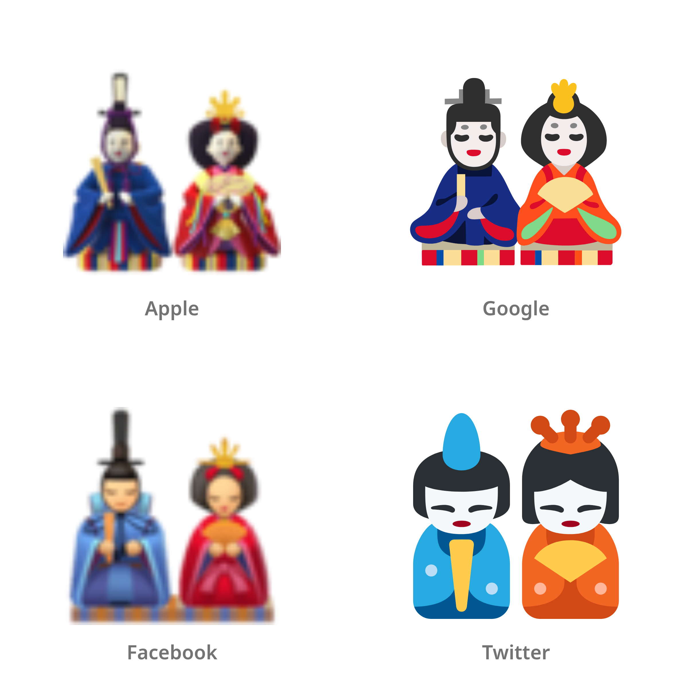 De emoji Japanse poppen in Apple-, Google-, Facebook- en Twitter-stijl