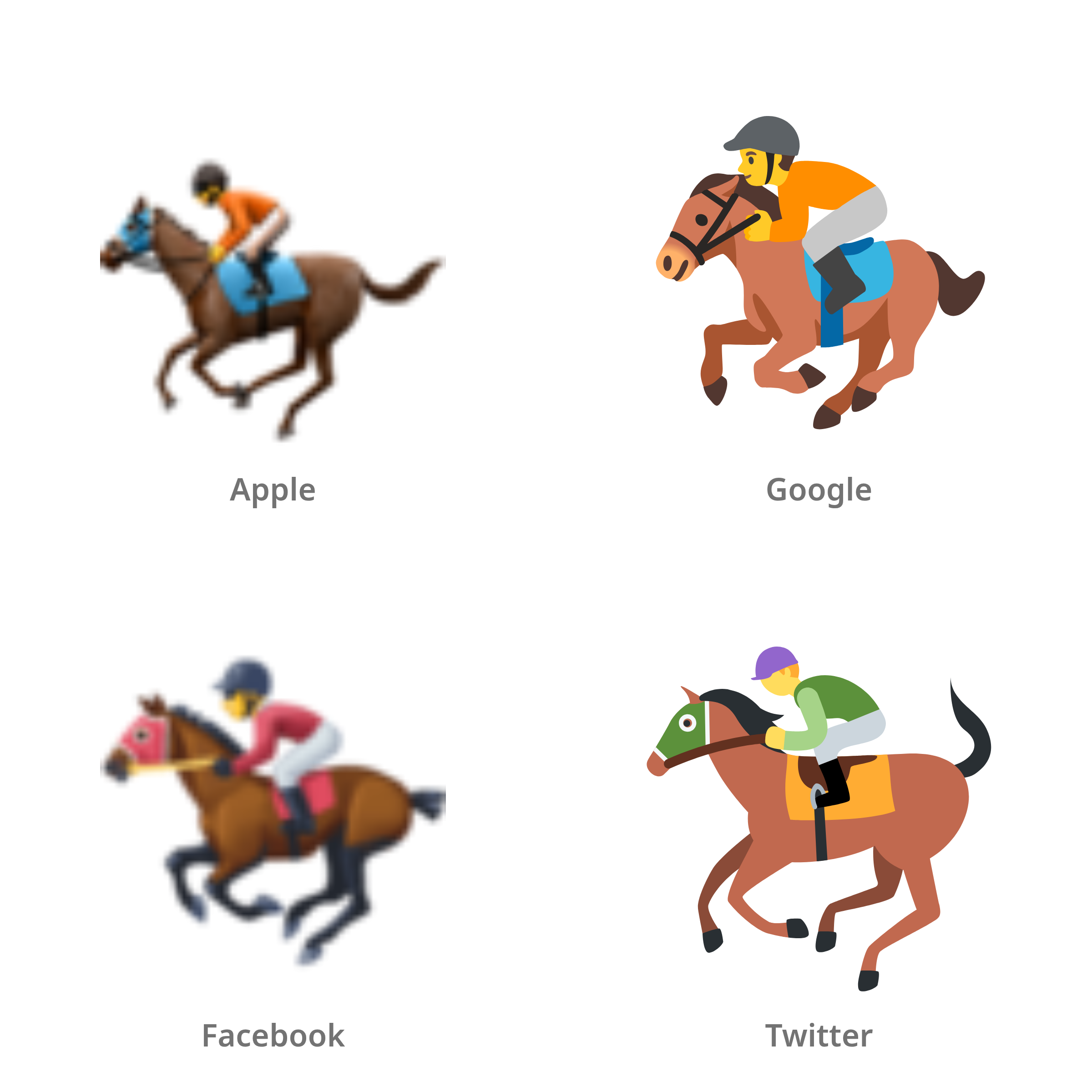 De emoji jockey op renpaard in Apple-, Google-, Facebook- en Twitter-stijl