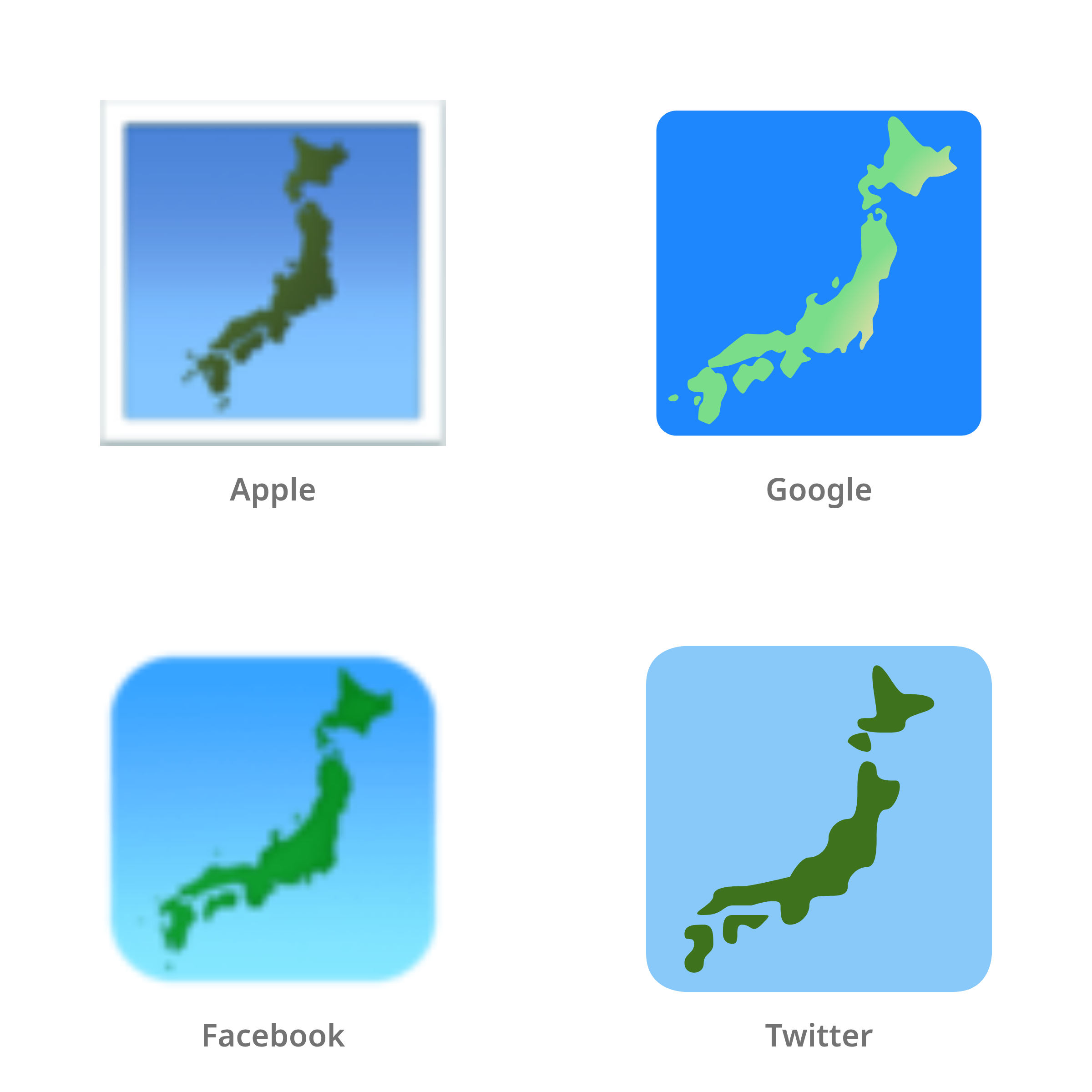De emoji kaart van Japan in Apple-, Google-, Facebook- en Twitter-stijl