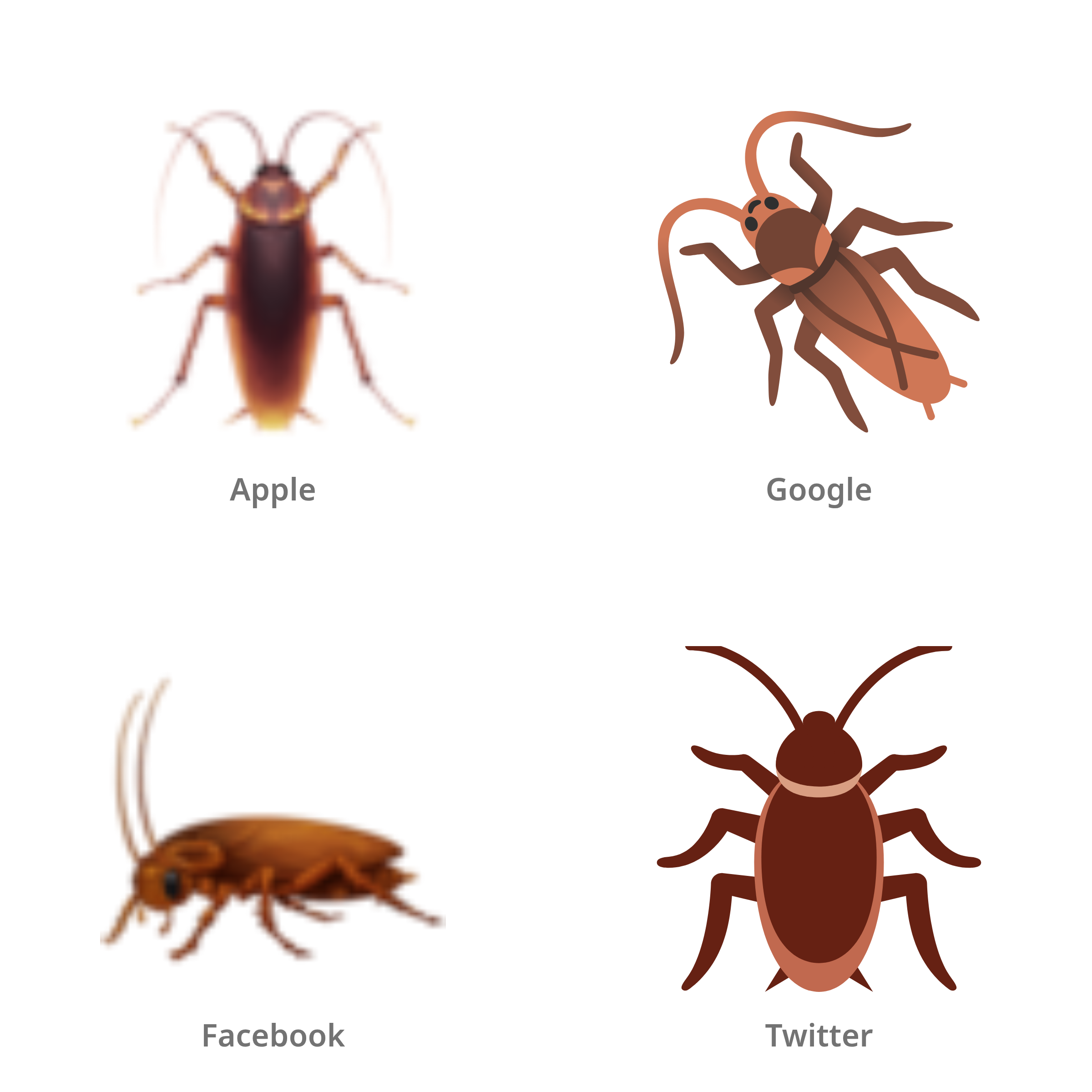 De emoji kakkerlak in Apple-, Google-, Facebook- en Twitter-stijl