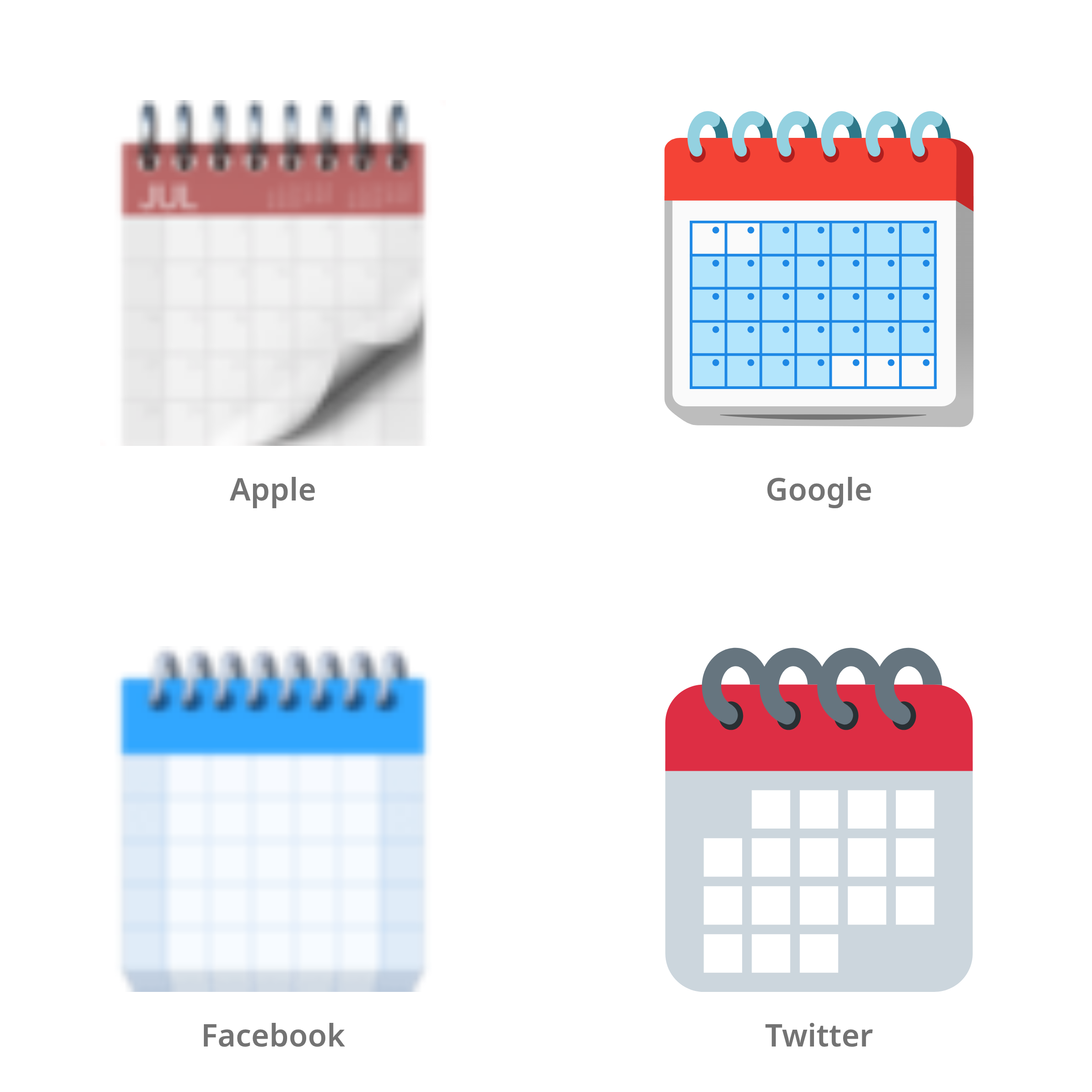 De emoji kalender met spiraal in Apple-, Google-, Facebook- en Twitter-stijl