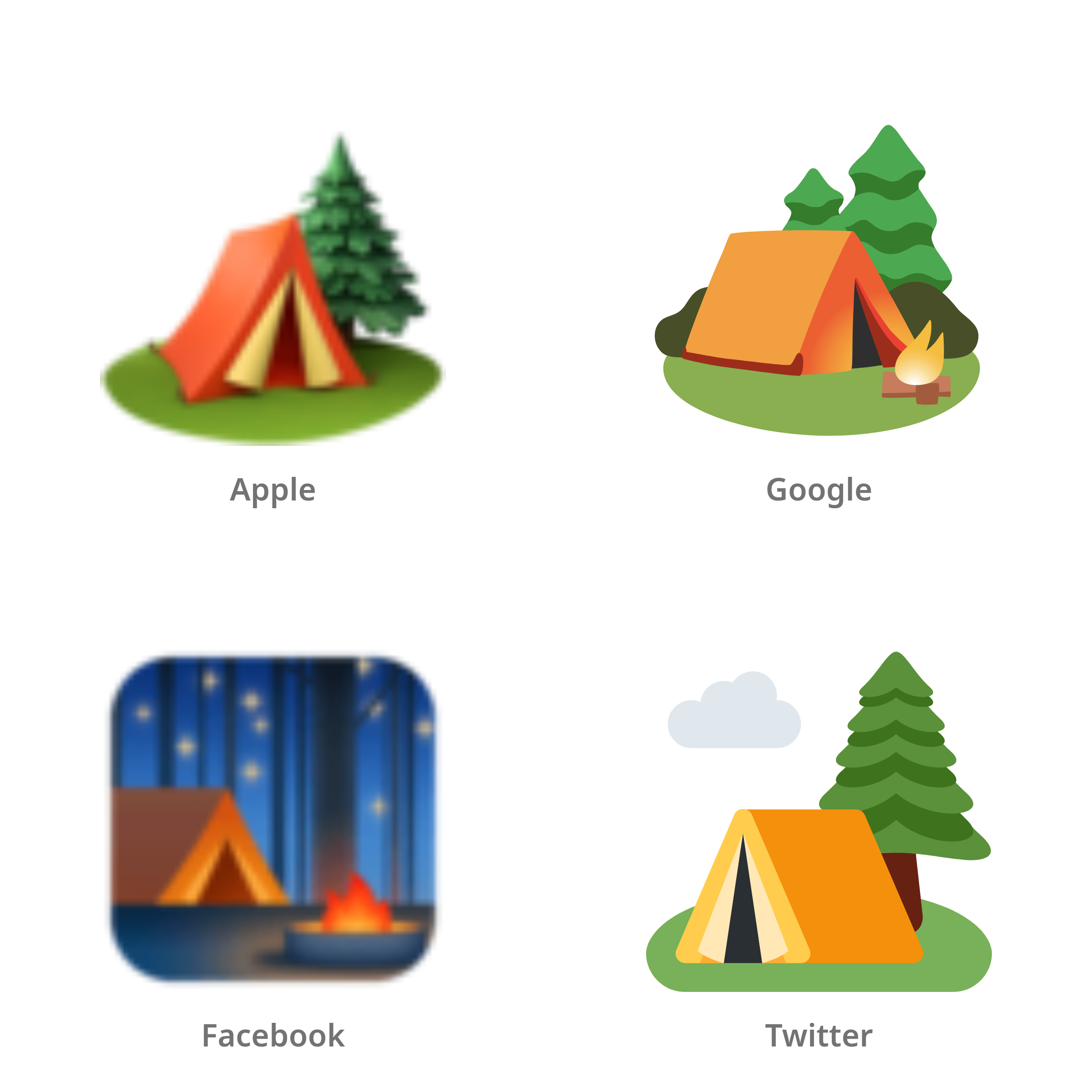 De emoji kamperen in Apple-, Google-, Facebook- en Twitter-stijl