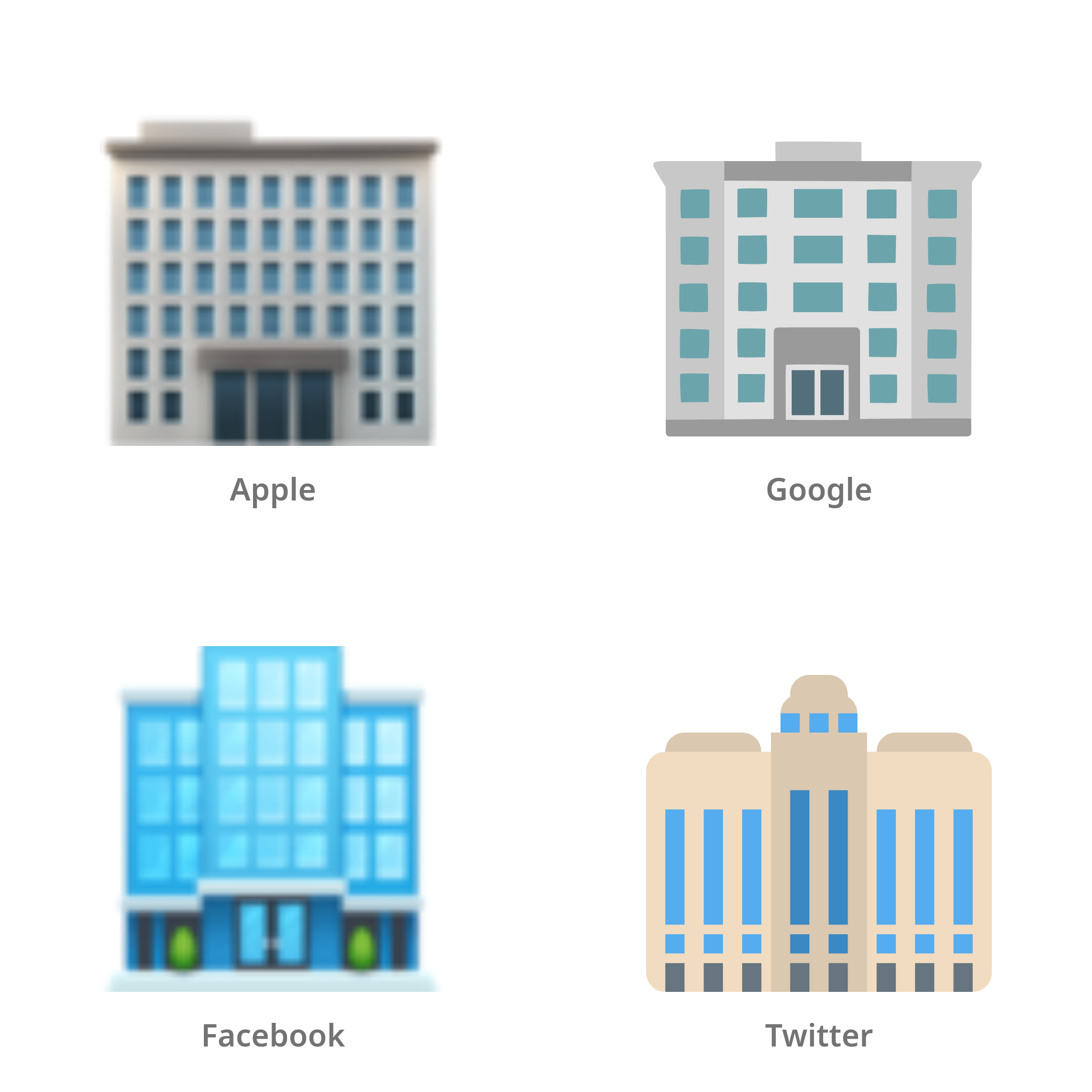 De emoji kantoorgebouw in Apple-, Google-, Facebook- en Twitter-stijl