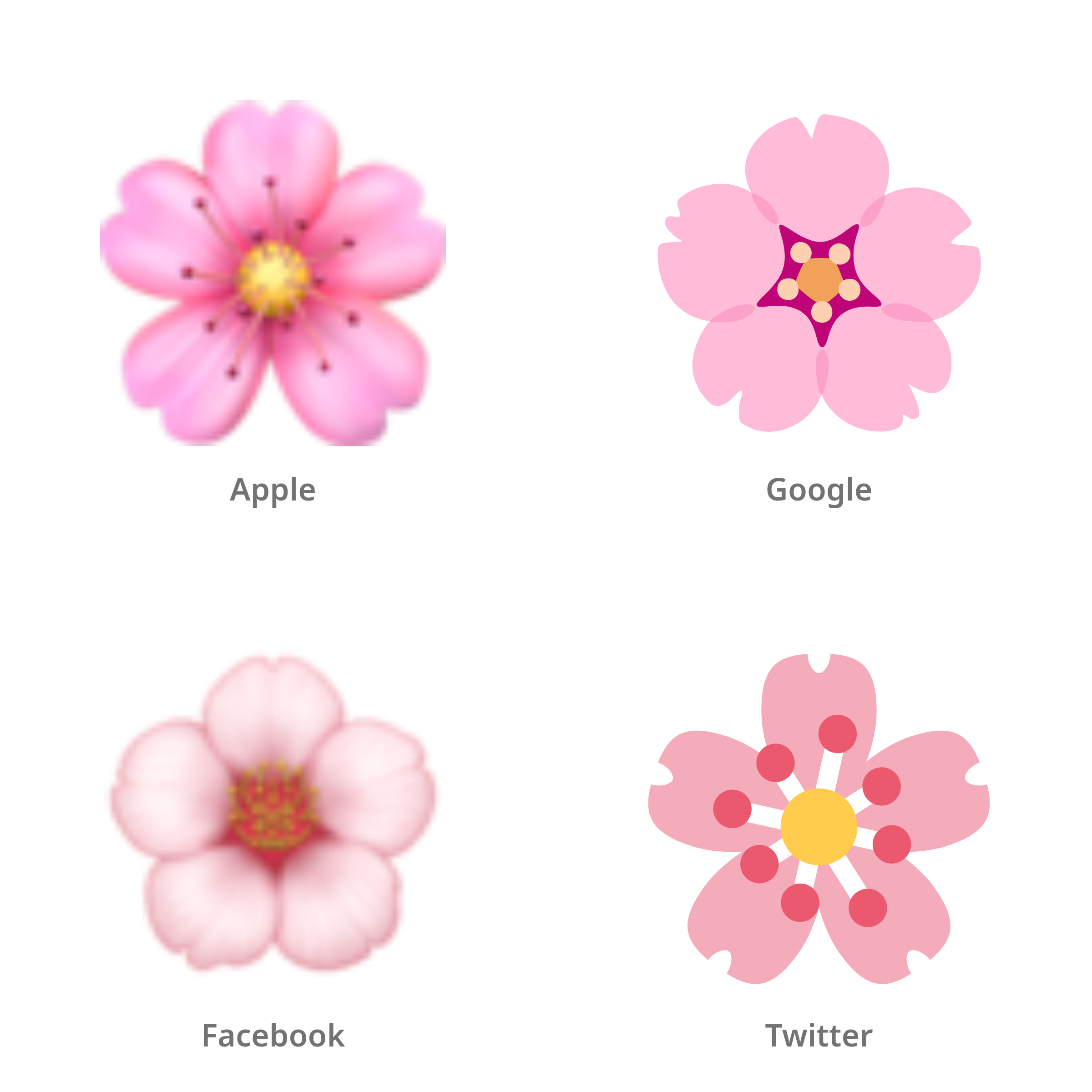 De emoji kersenbloesem in Apple-, Google-, Facebook- en Twitter-stijl