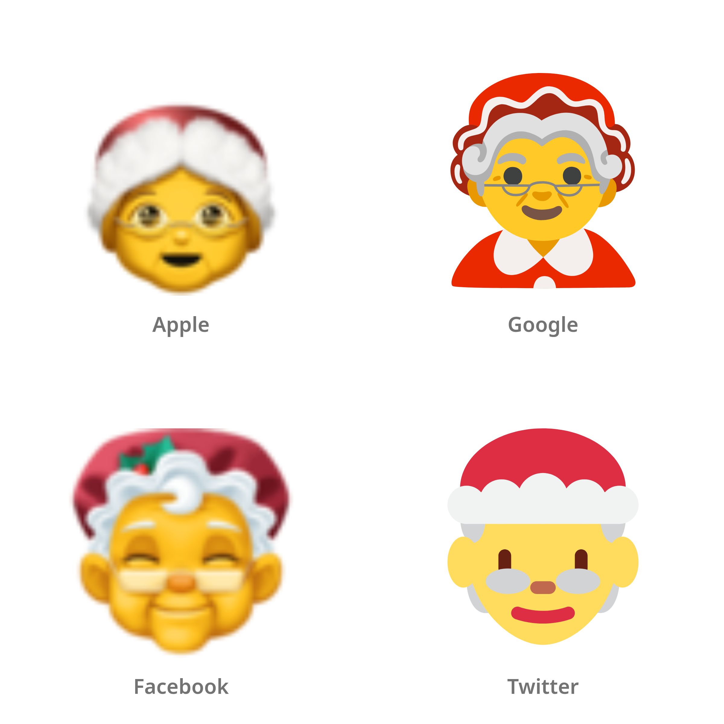 De emoji kerstvrouw in Apple-, Google-, Facebook- en Twitter-stijl