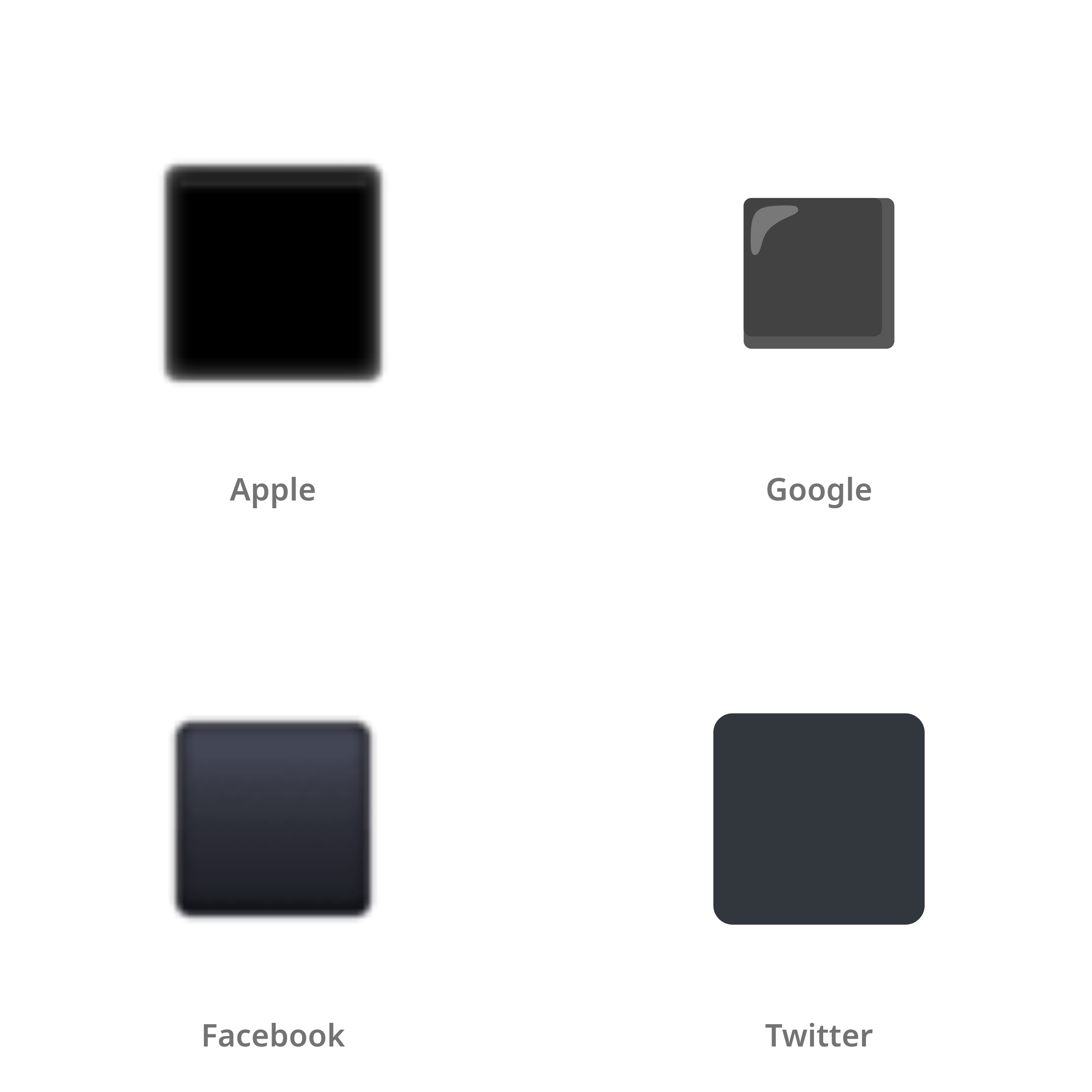 De emoji klein tot middelgroot zwart vierkant in Apple-, Google-, Facebook- en Twitter-stijl