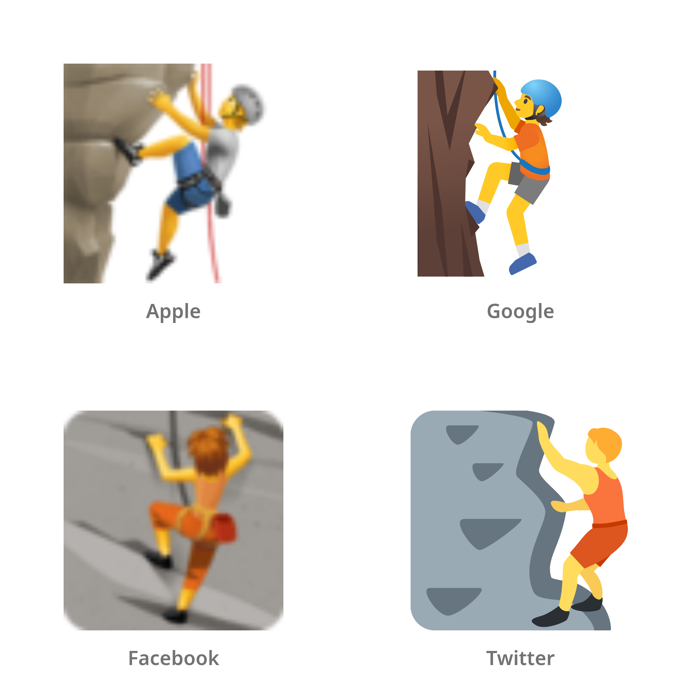 De emoji klimmende persoon in Apple-, Google-, Facebook- en Twitter-stijl