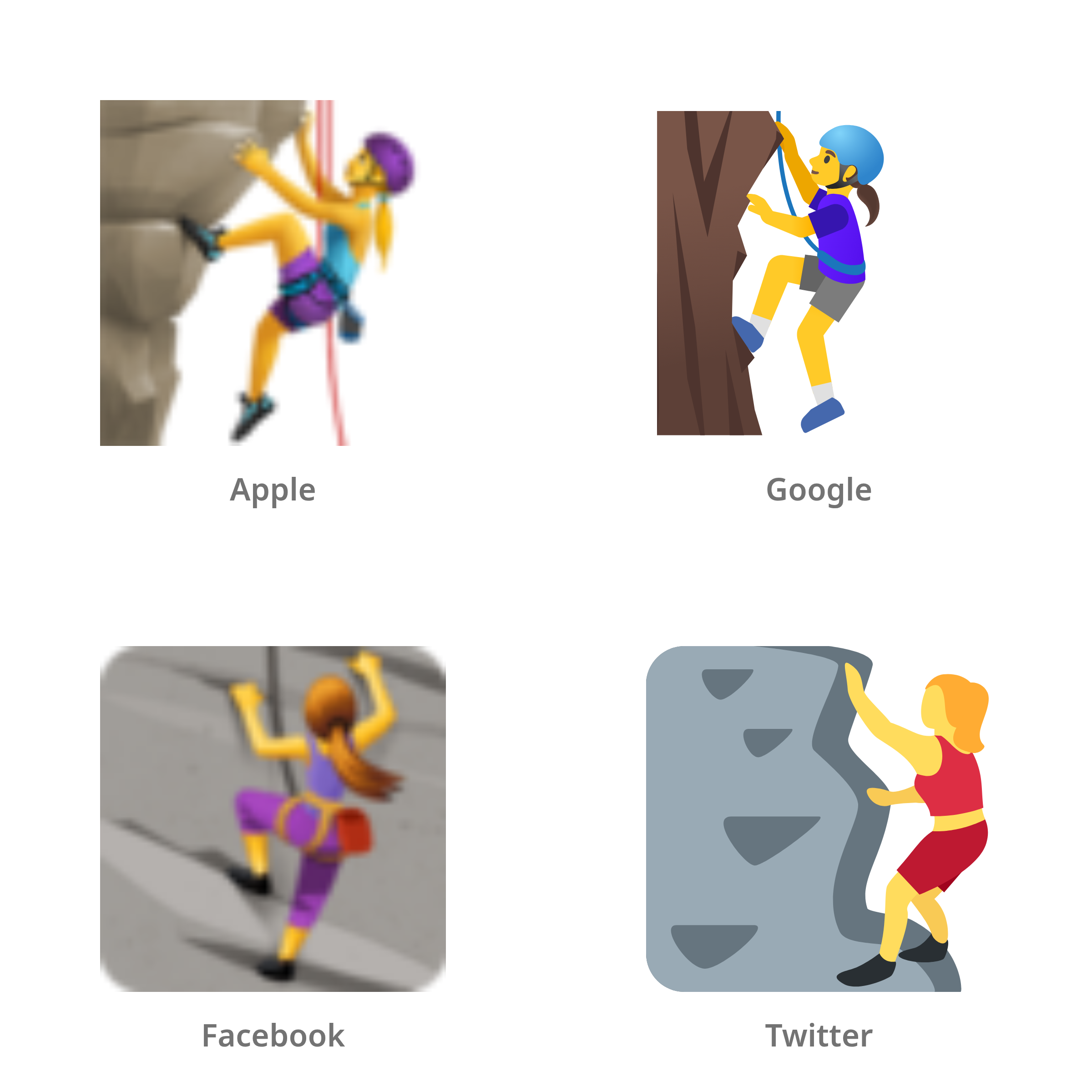 De emoji klimmende vrouw in Apple-, Google-, Facebook- en Twitter-stijl