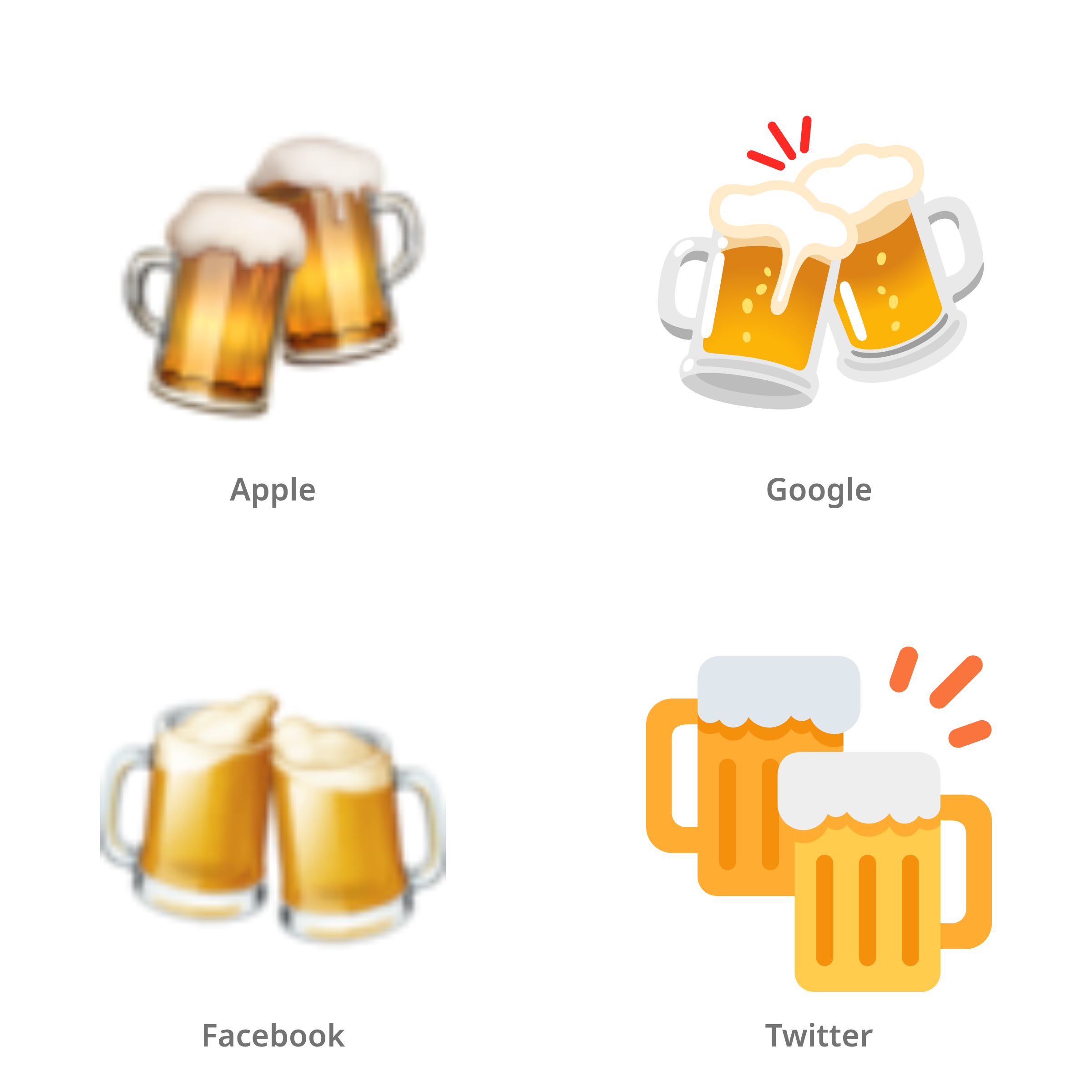 De emoji klinkende bierglazen in Apple-, Google-, Facebook- en Twitter-stijl