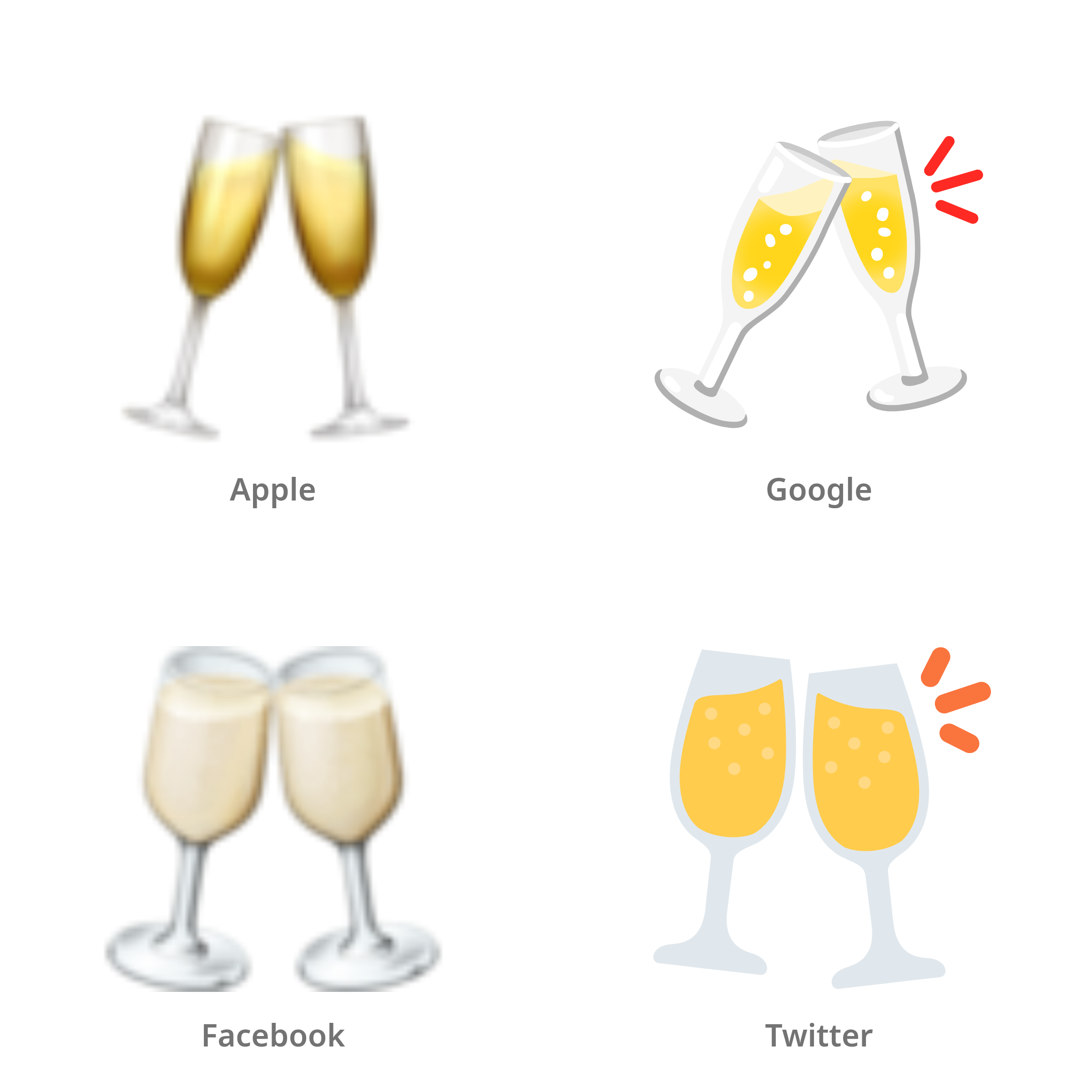De emoji klinkende glazen in Apple-, Google-, Facebook- en Twitter-stijl