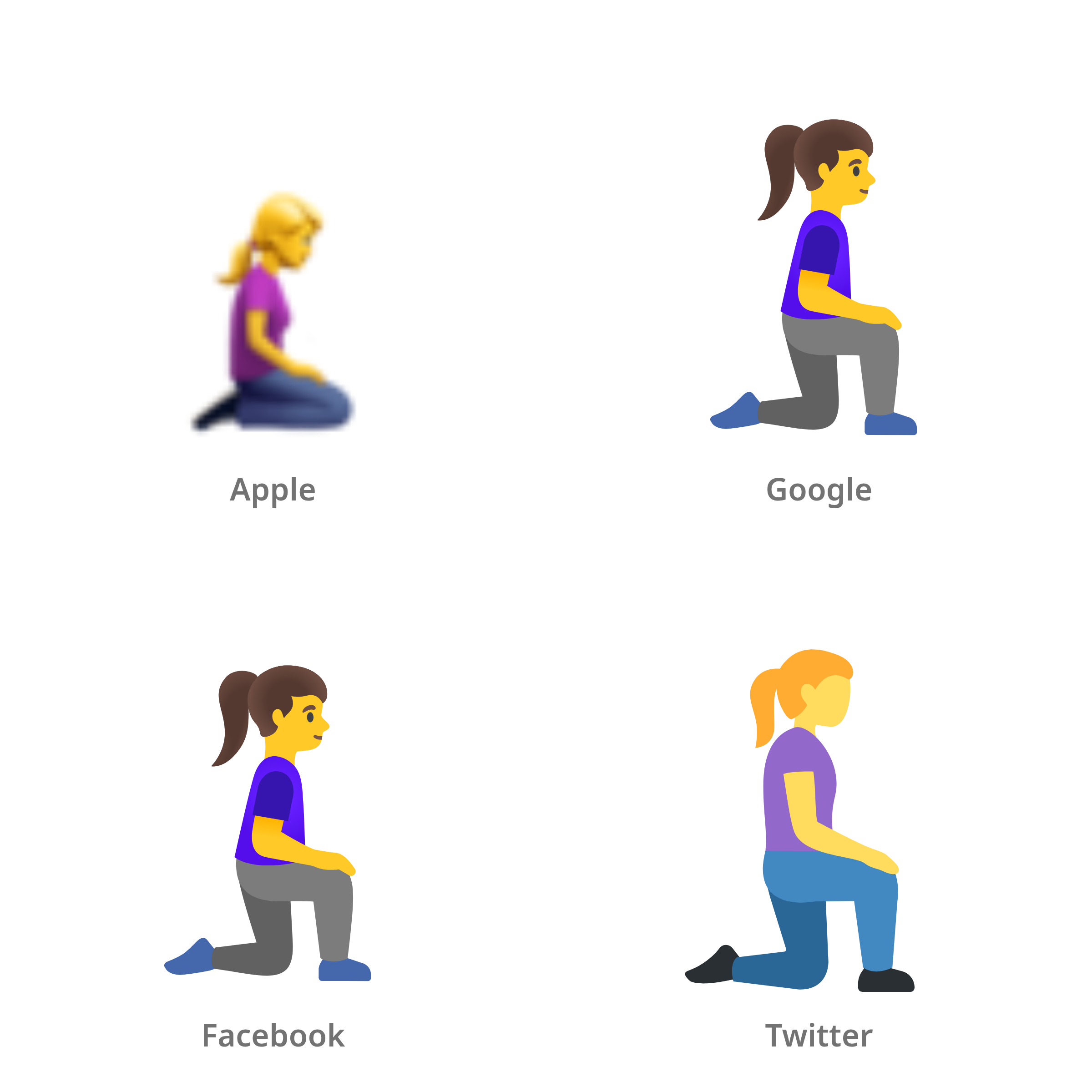 De emoji knielende vrouw: naar rechts gericht in Apple-, Google-, Facebook- en Twitter-stijl