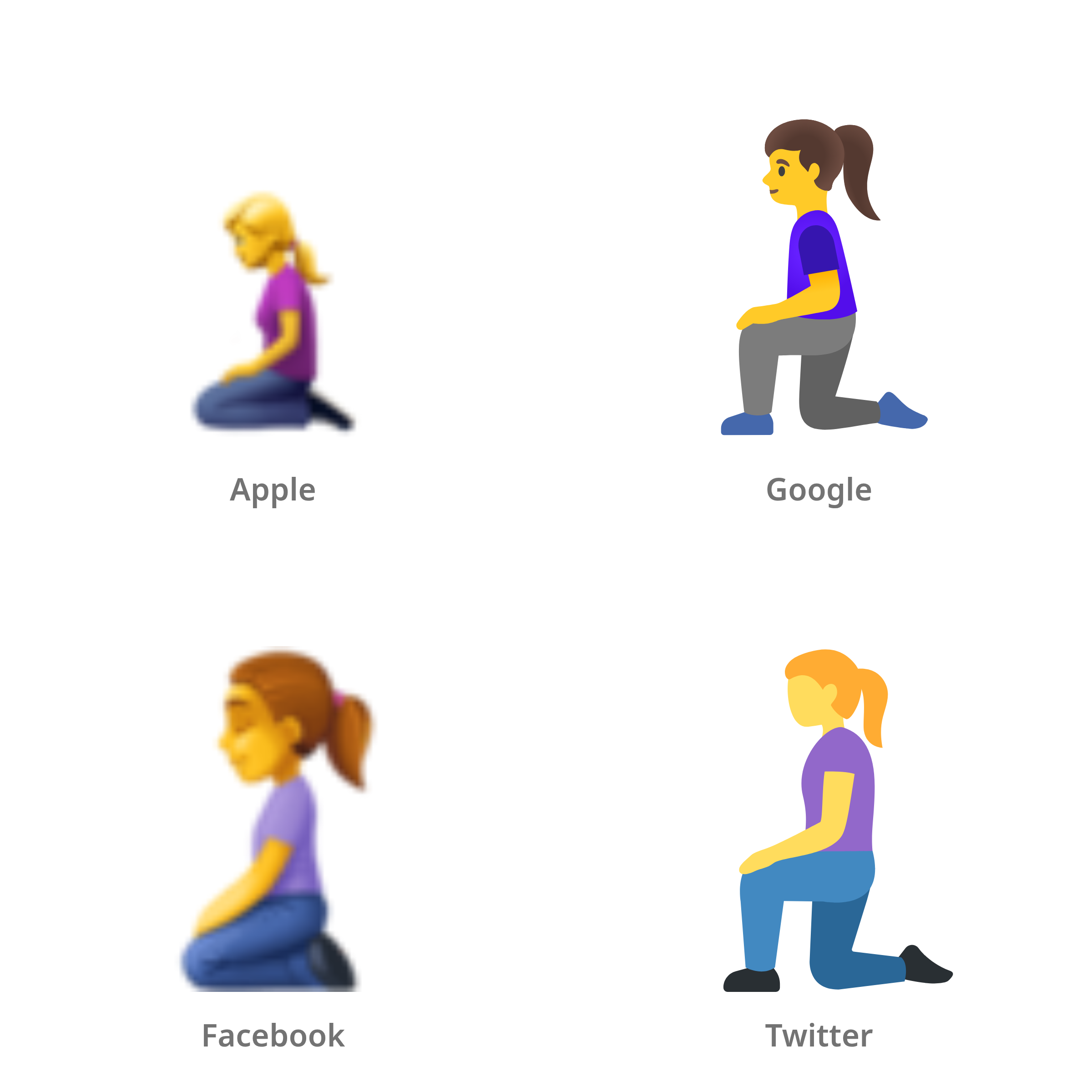 De emoji knielende vrouw in Apple-, Google-, Facebook- en Twitter-stijl