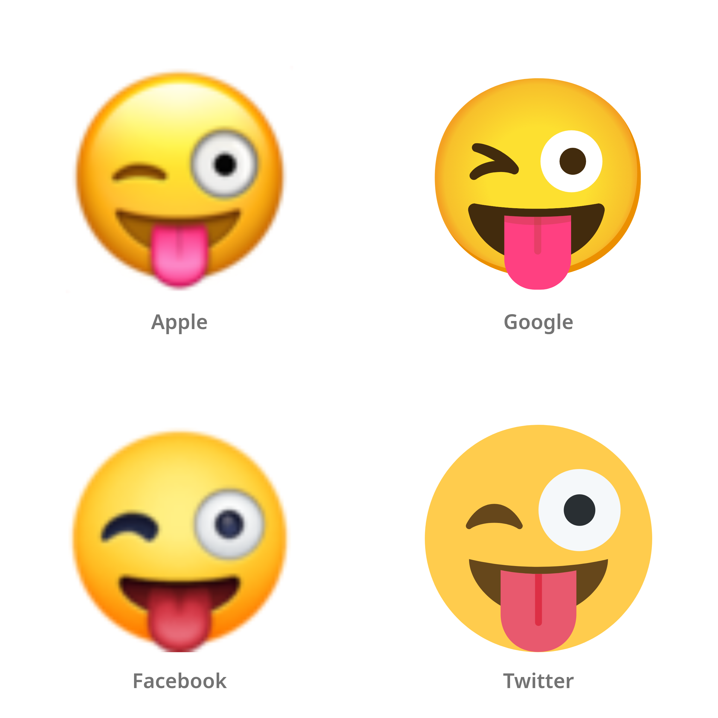 De emoji knipoog met uitgestoken tong in Apple-, Google-, Facebook- en Twitter-stijl