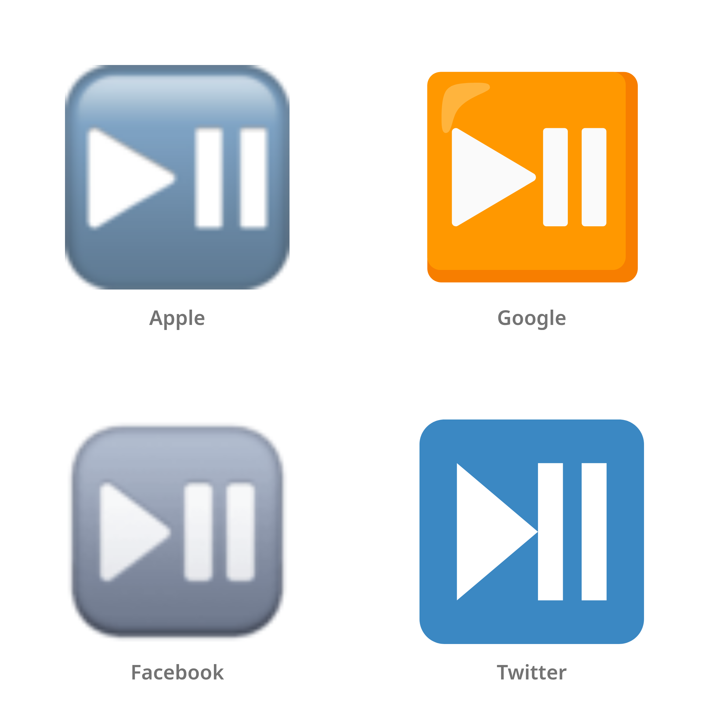 De emoji knop voor afspelen of pauzeren in Apple-, Google-, Facebook- en Twitter-stijl