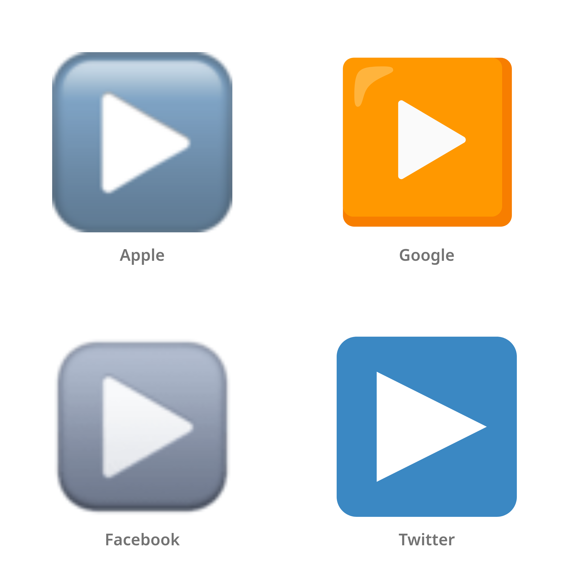 De emoji knop voor afspelen in Apple-, Google-, Facebook- en Twitter-stijl