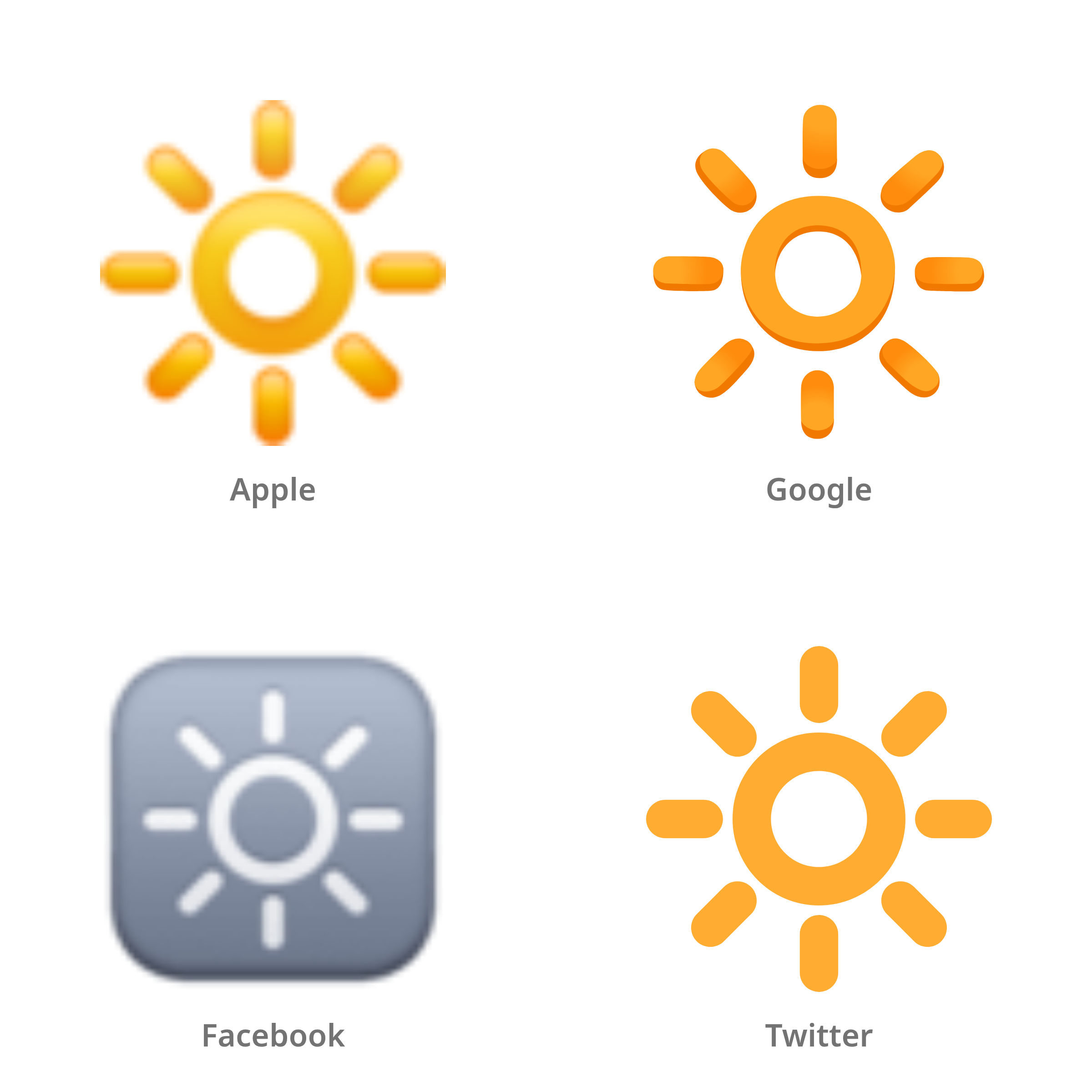 De emoji knop voor hogere helderheid in Apple-, Google-, Facebook- en Twitter-stijl