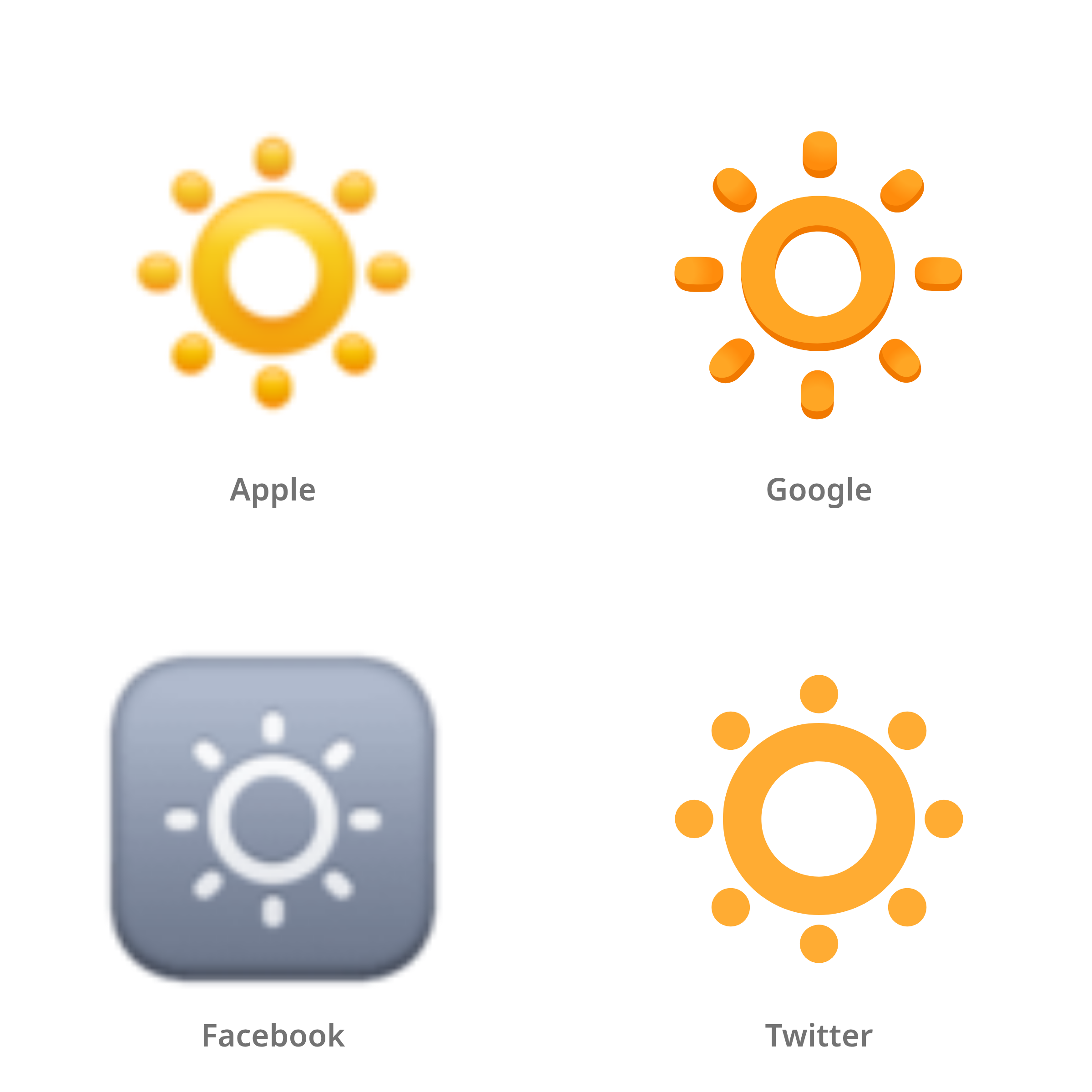 De emoji knop voor lagere helderheid in Apple-, Google-, Facebook- en Twitter-stijl