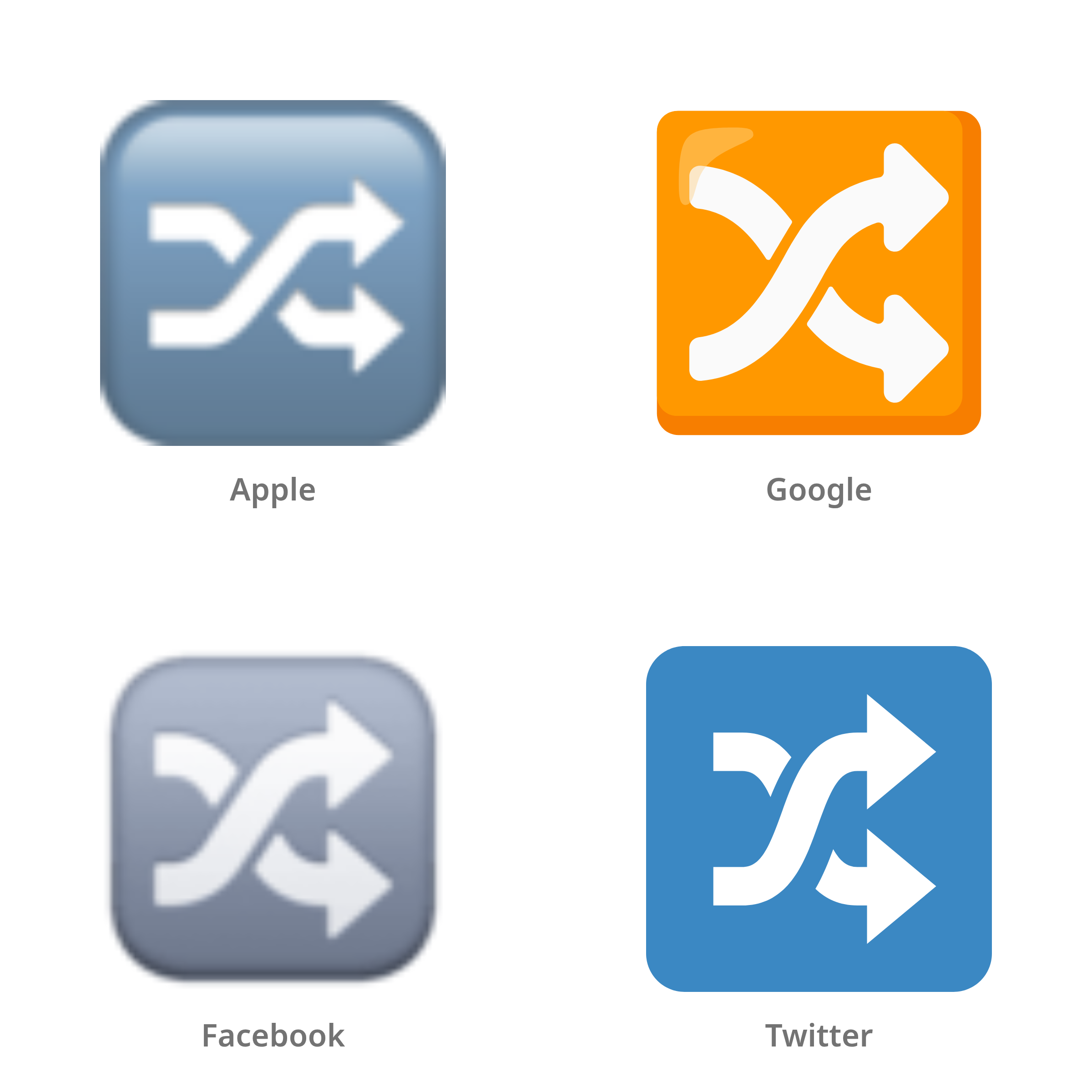 De emoji knop voor shuffle in Apple-, Google-, Facebook- en Twitter-stijl