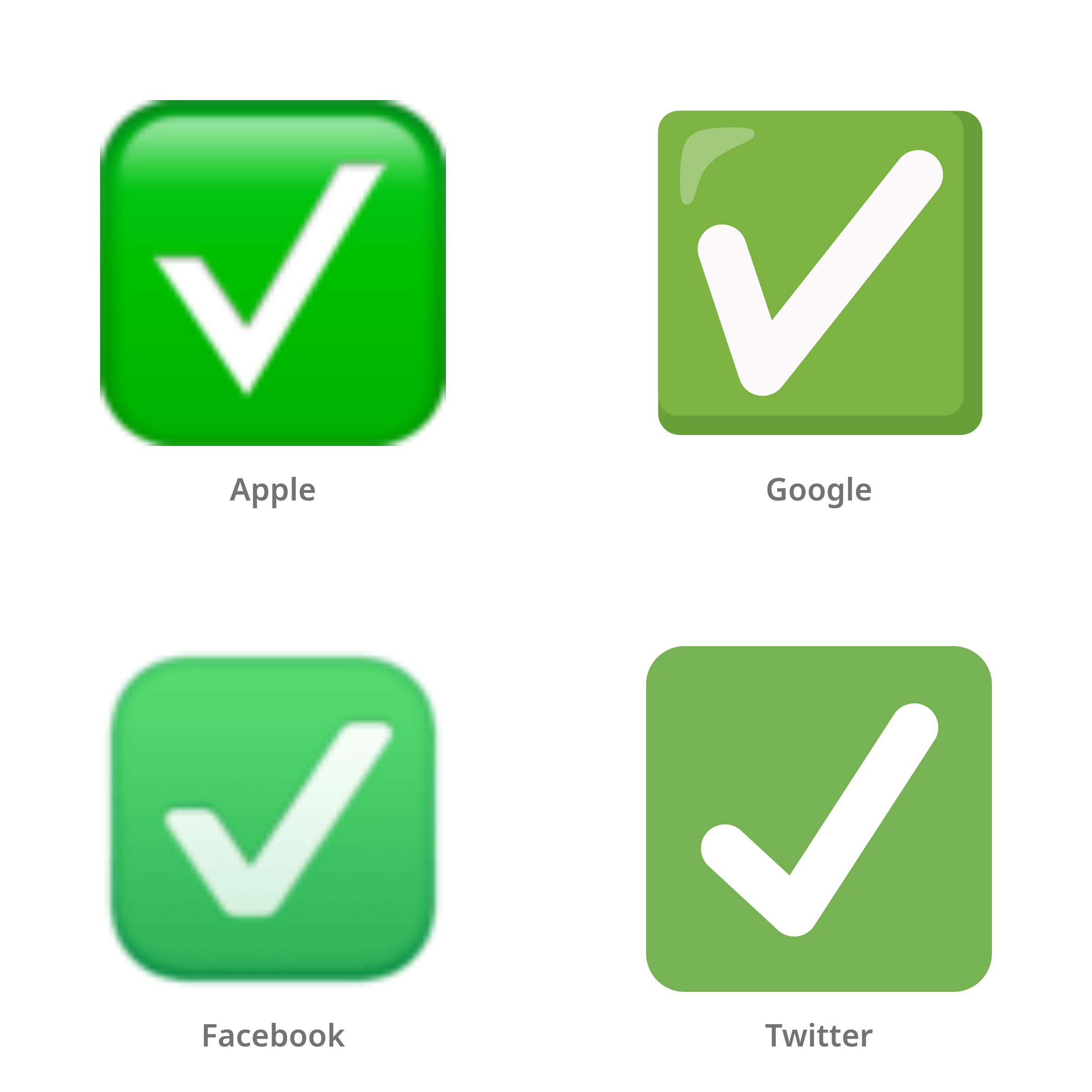 De emoji knop voor vinkje in Apple-, Google-, Facebook- en Twitter-stijl