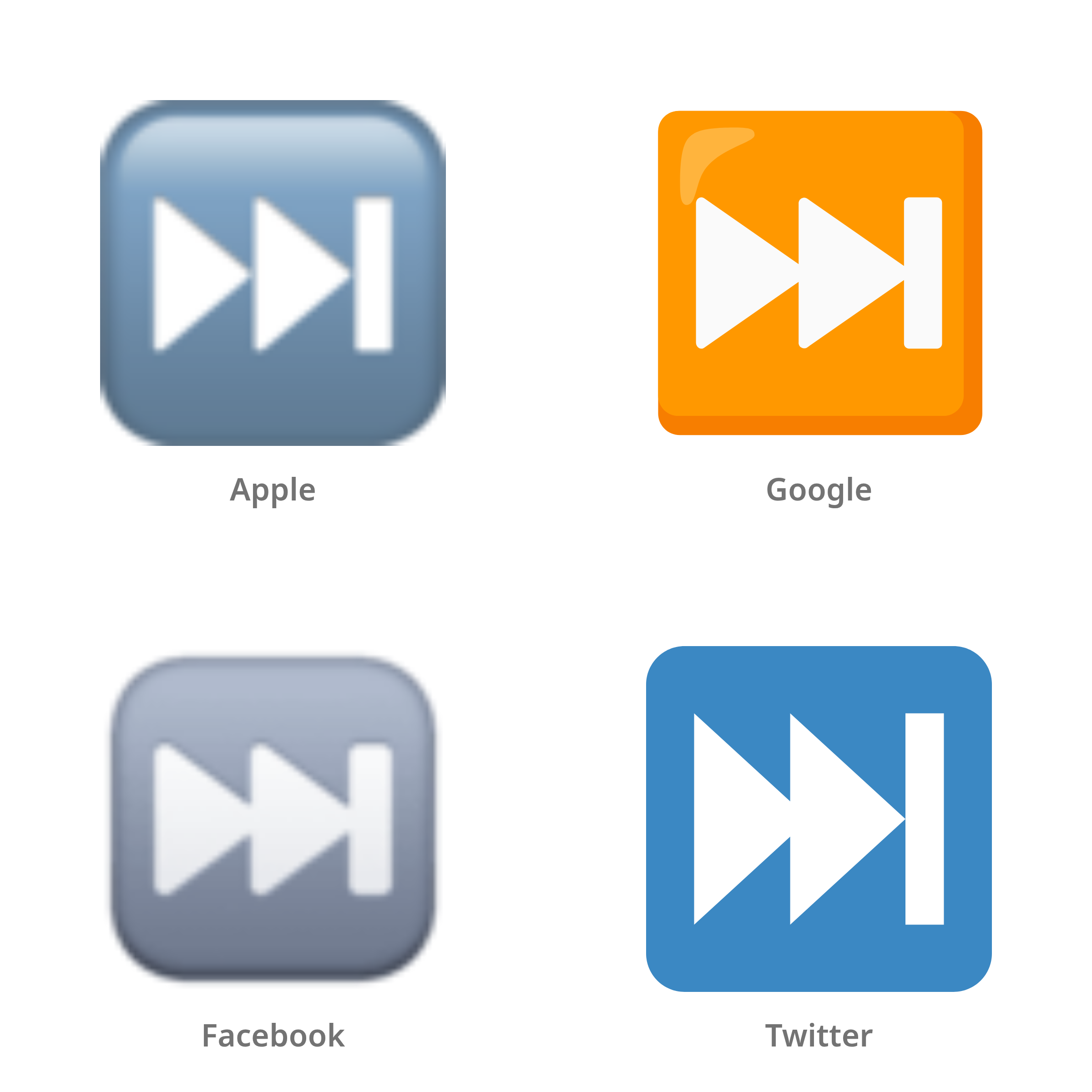 De emoji knop voor volgende nummer in Apple-, Google-, Facebook- en Twitter-stijl
